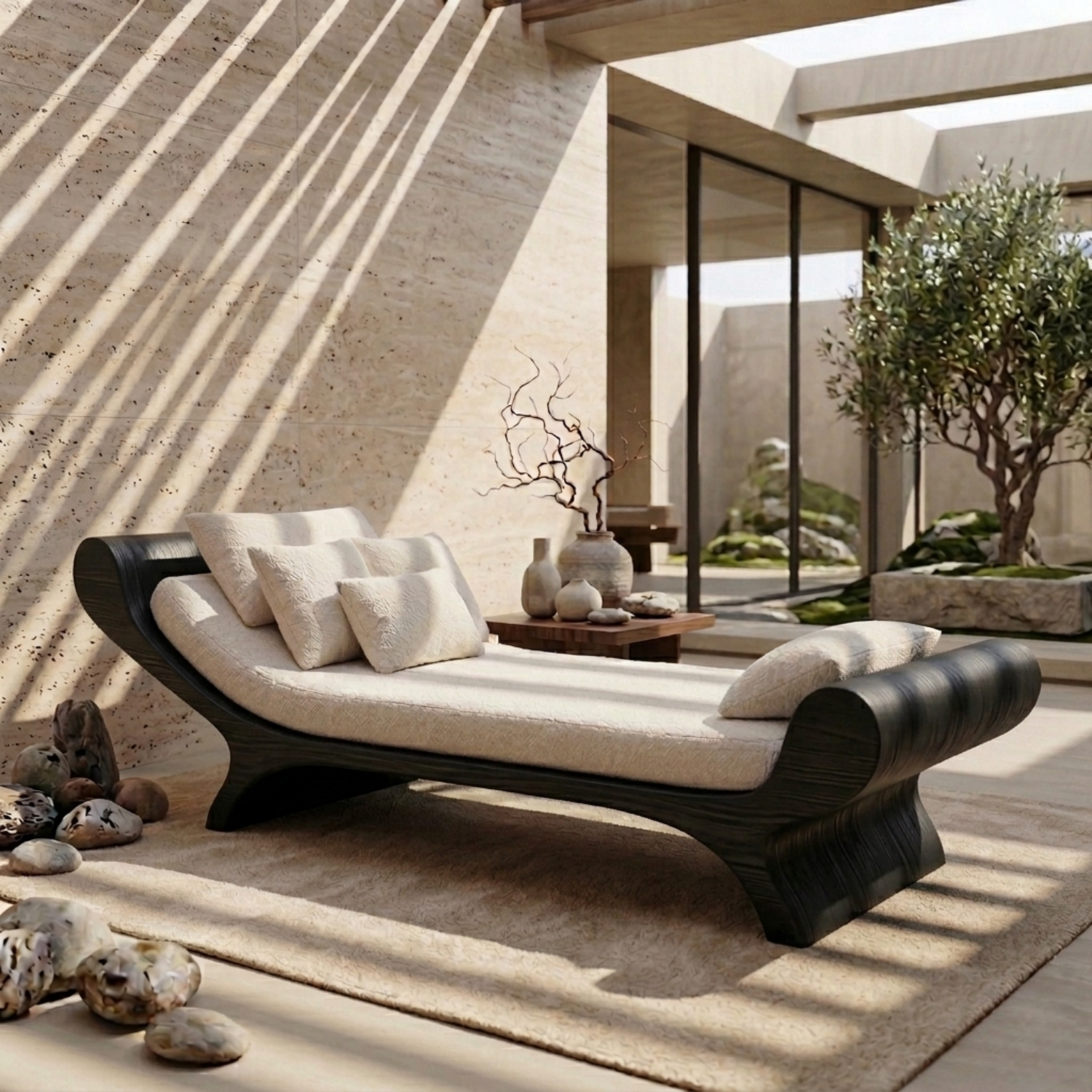 Solid Wood Daybed Frame with Sculptural Curved Design – Modern Minimalist Lounge Bed