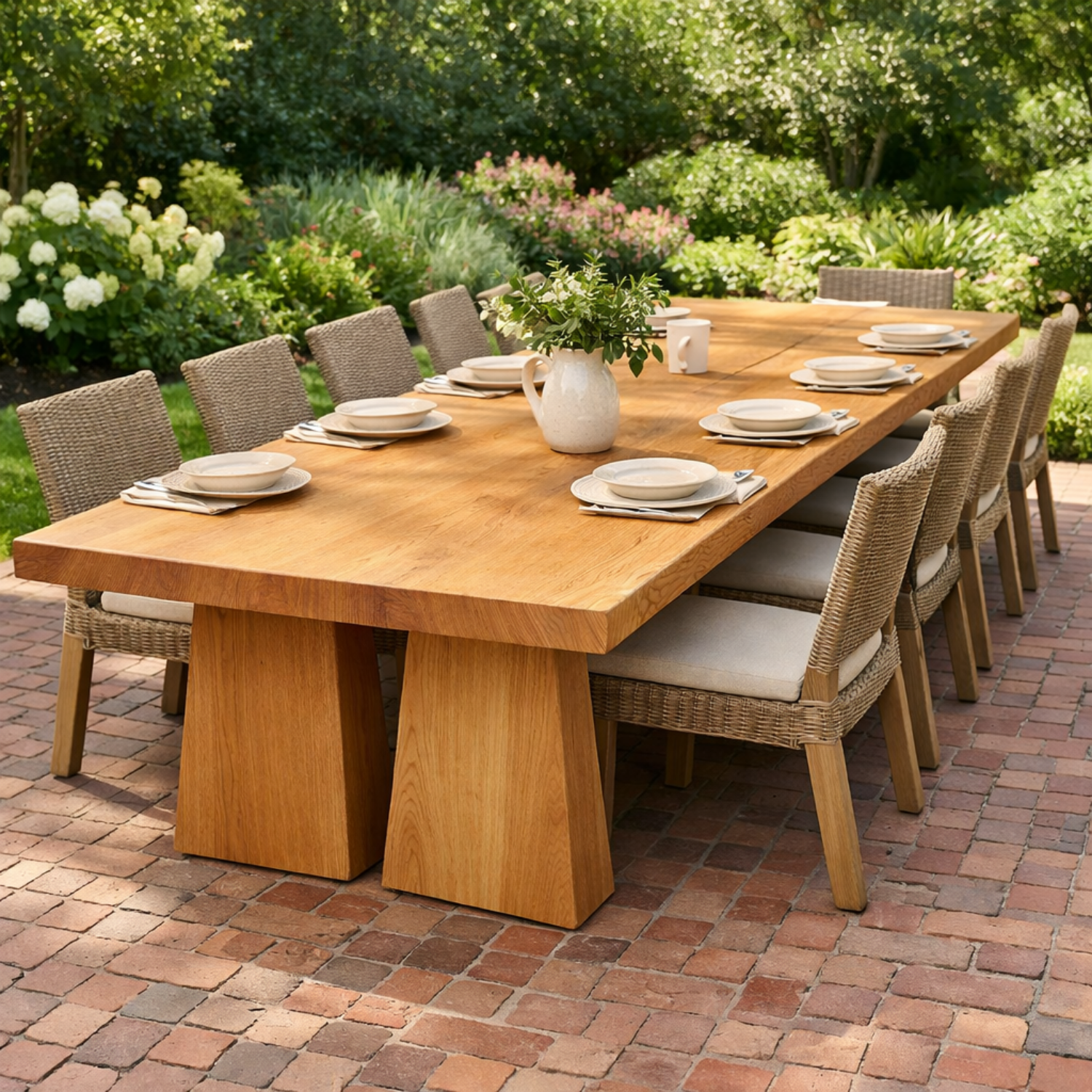 Solid Wood Outdoor Dining Table Rectangular Top with Dual Pedestal Block Base