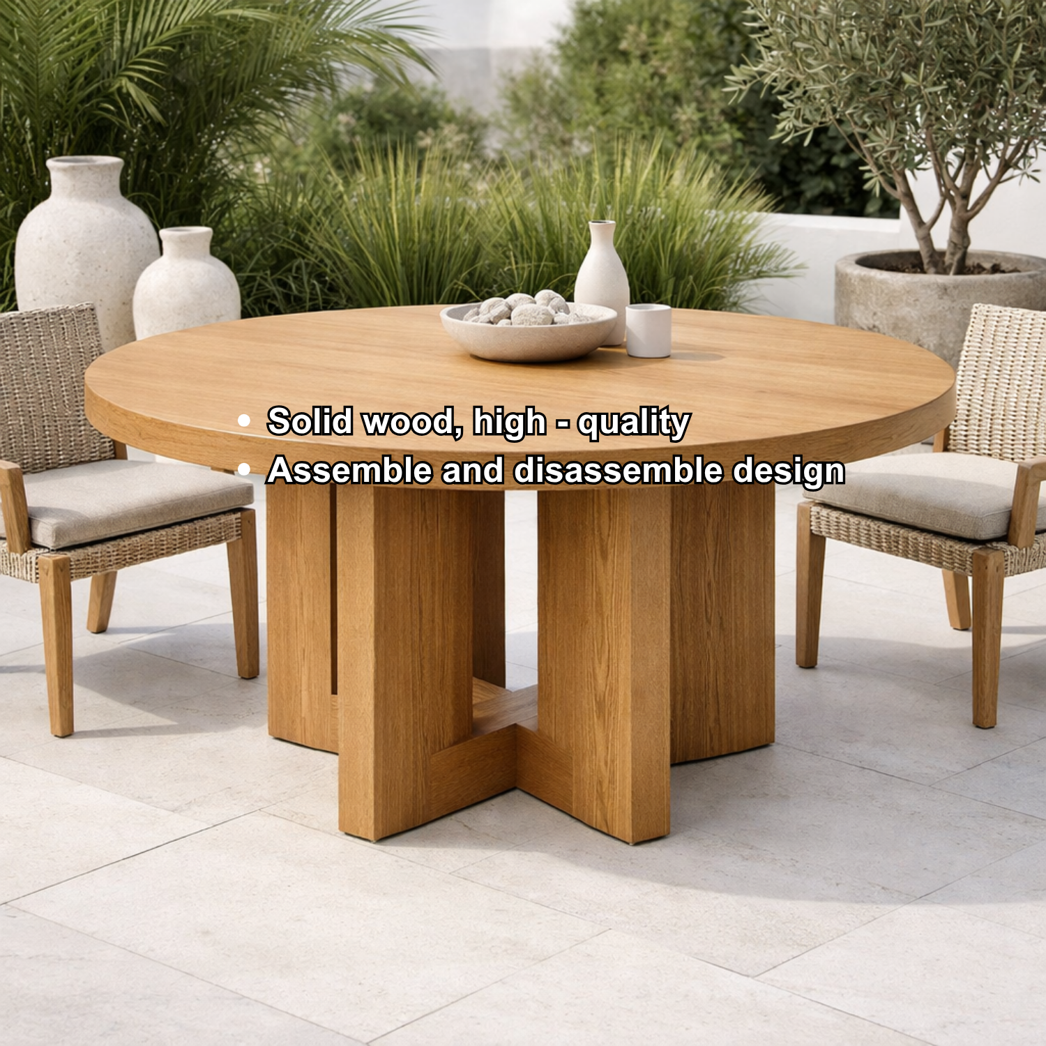 Round Solid Wood Outdoor Dining Table with Architectural Pedestal Base