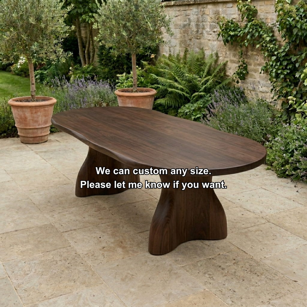 Solid Wood Outdoor Dining Table Oval Top with Organic Sculptural Pedestal Base