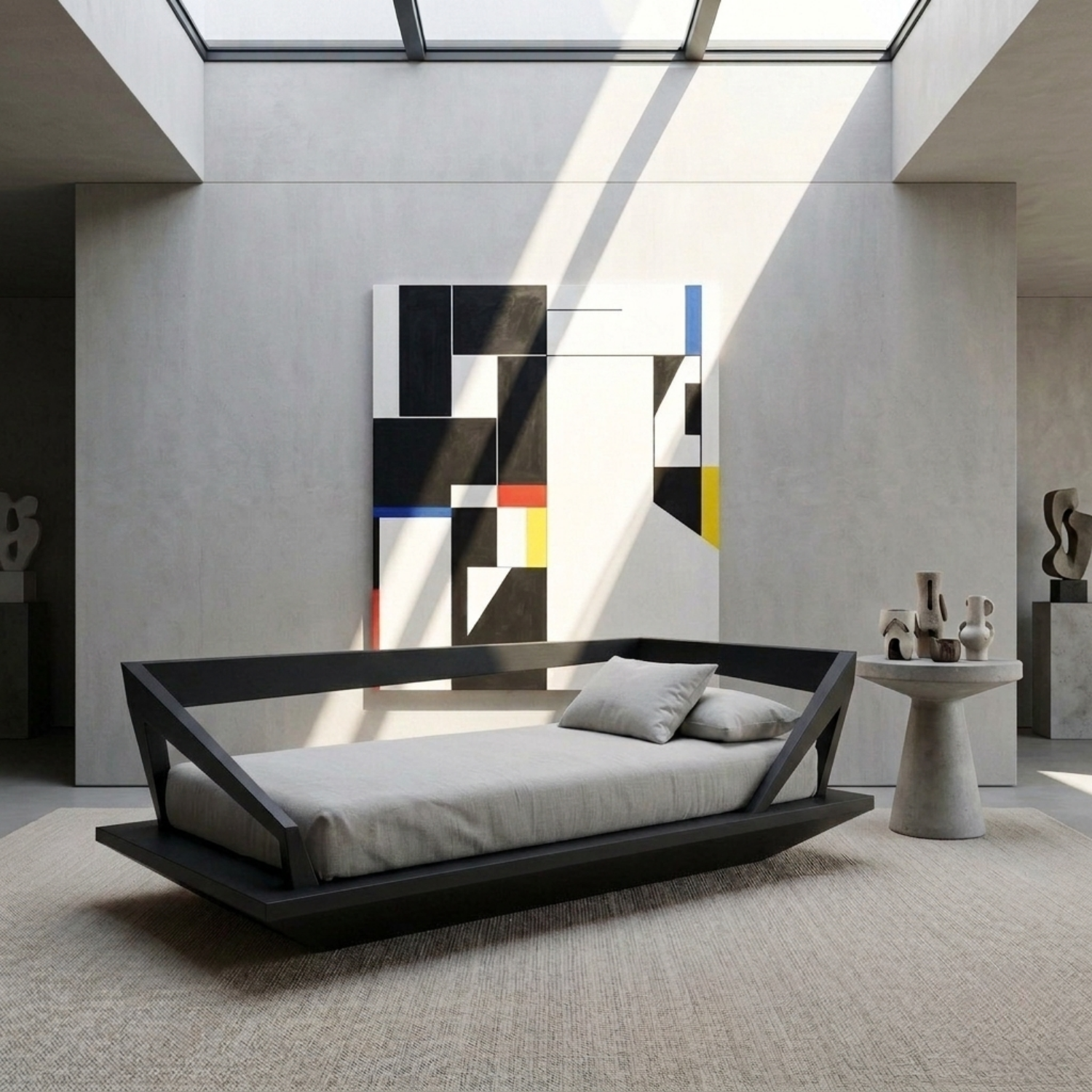 Solid Wood Daybed Frame with Geometric Side Rails – Modern Minimalist Lounge Bed