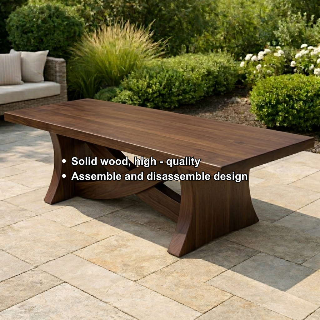 Solid Wood Outdoor Dining Table Rectangular Top with Sculptural Curved Cross Base