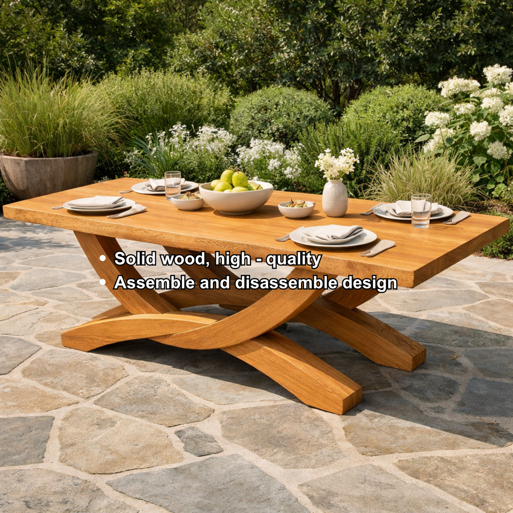 Solid Wood Outdoor Dining Table Rectangular Top with Sculptural Cross Base