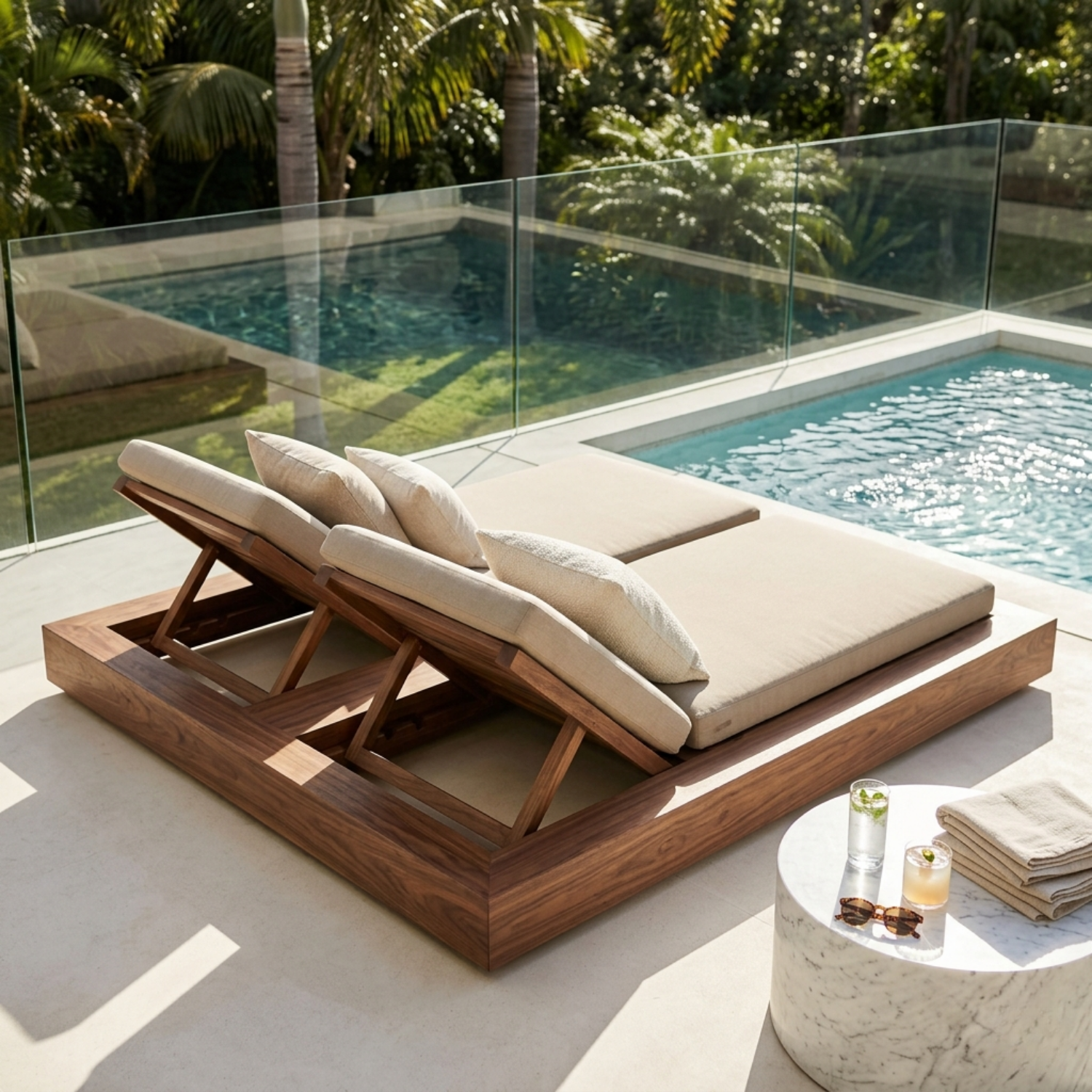 Solid Wood Double Chaise Lounge with Adjustable Backrest for Poolside Relaxation