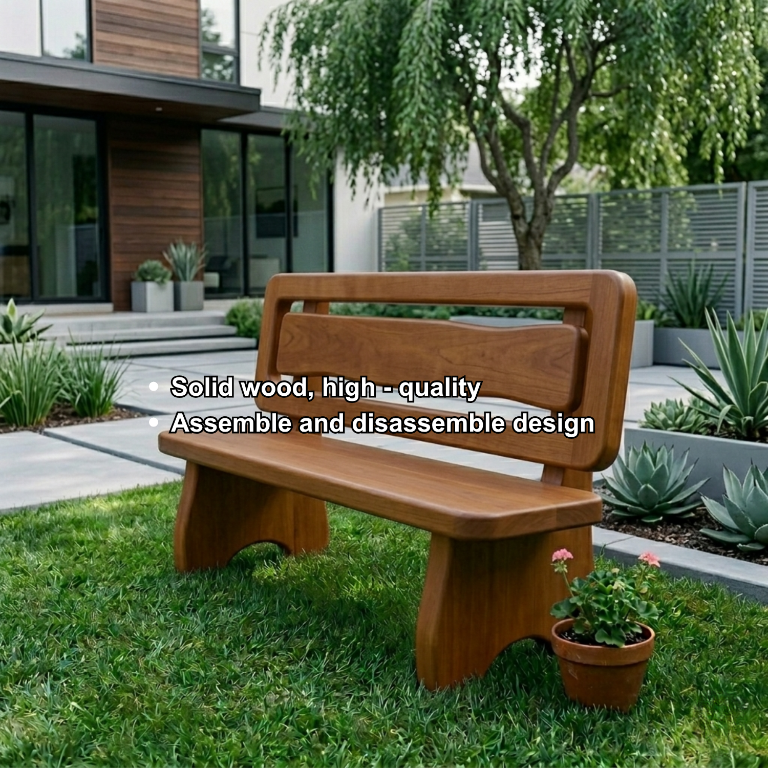 Solid Wood Outdoor Bench with Double Slat Back Modern Garden Patio Seating