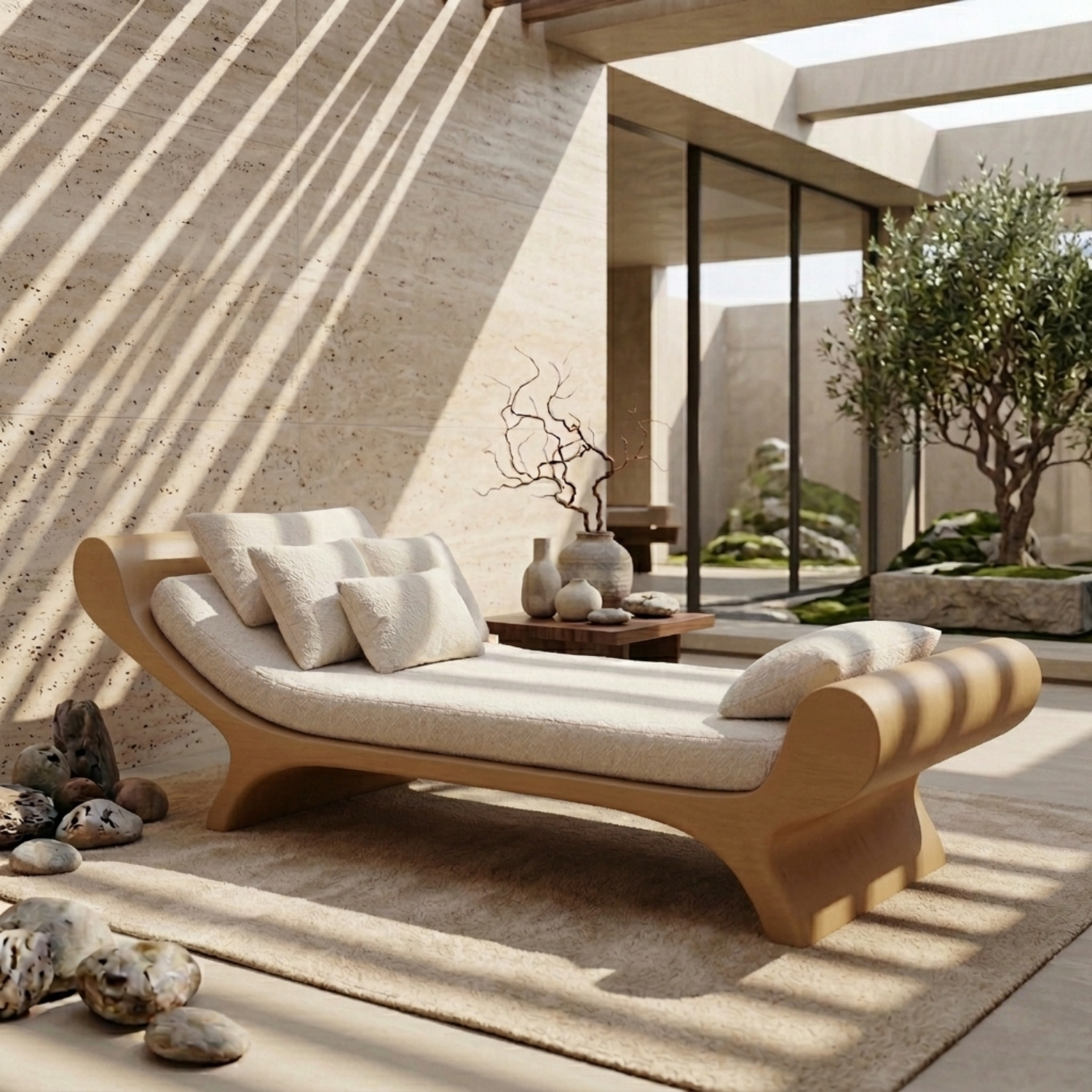 Solid Wood Daybed Frame with Sculptural Curved Design – Modern Minimalist Lounge Bed