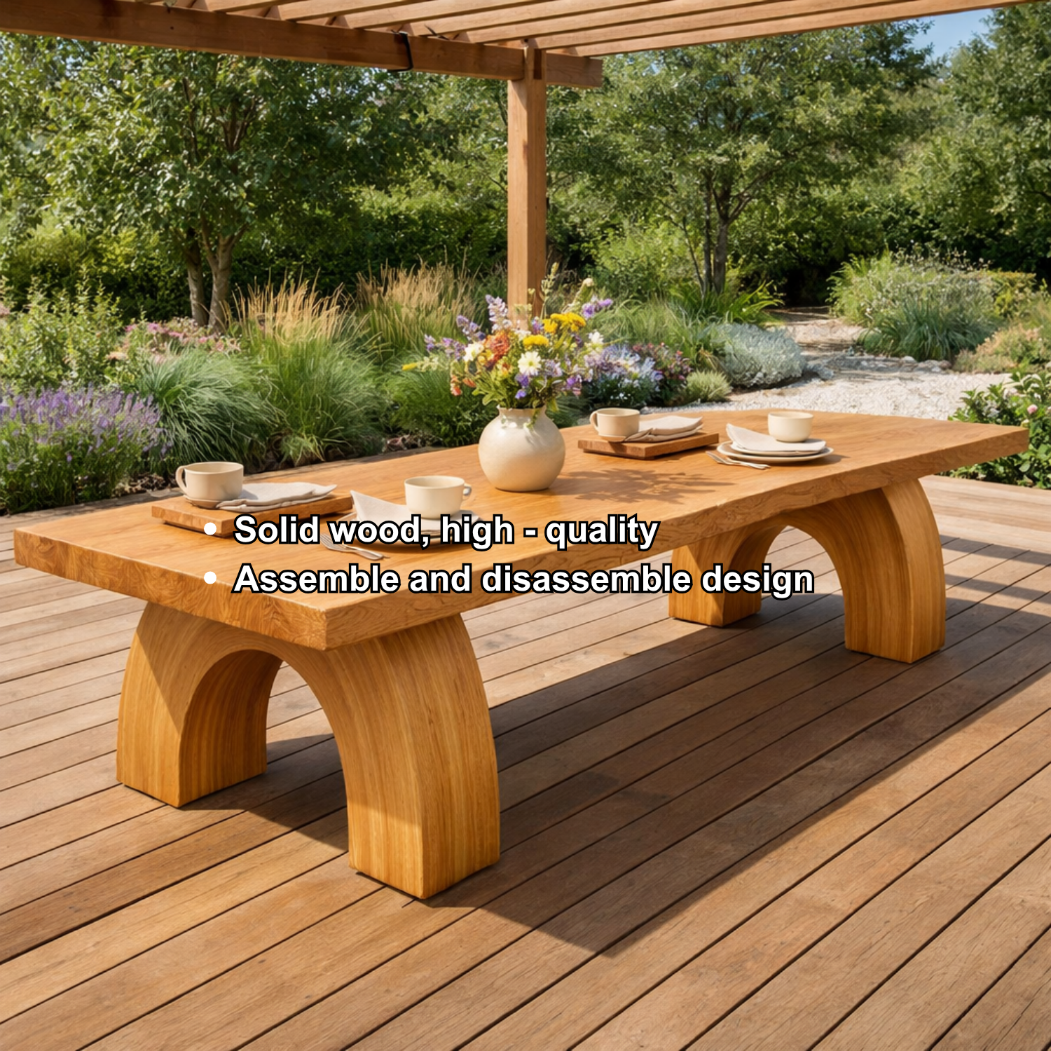 Solid Wood Outdoor Dining Table Rectangular Top with Arched Base Patio Garden Table