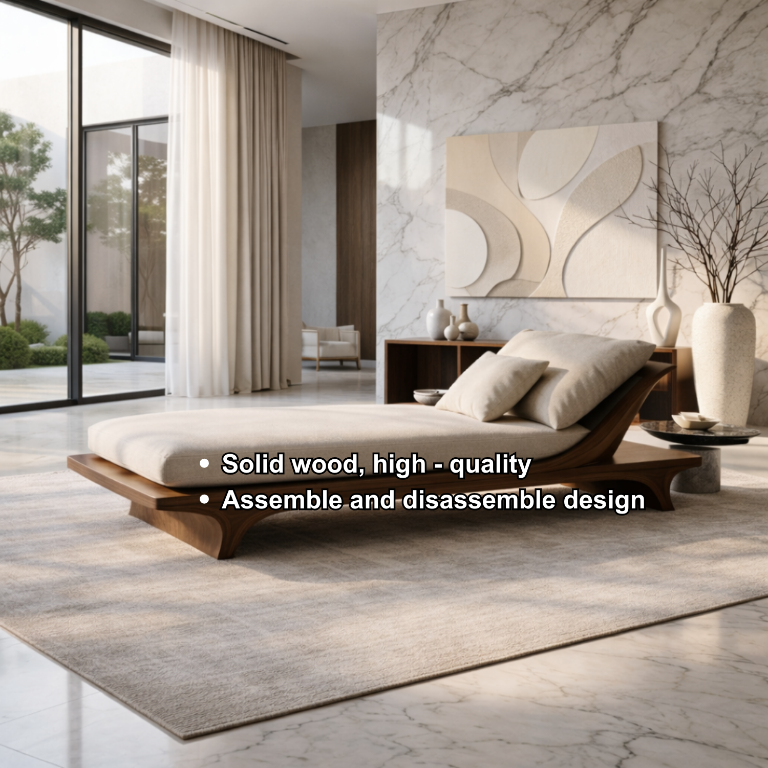 Modern Solid Wood Daybed Frame with Curved Backrest – Minimalist Wooden Lounge Bed