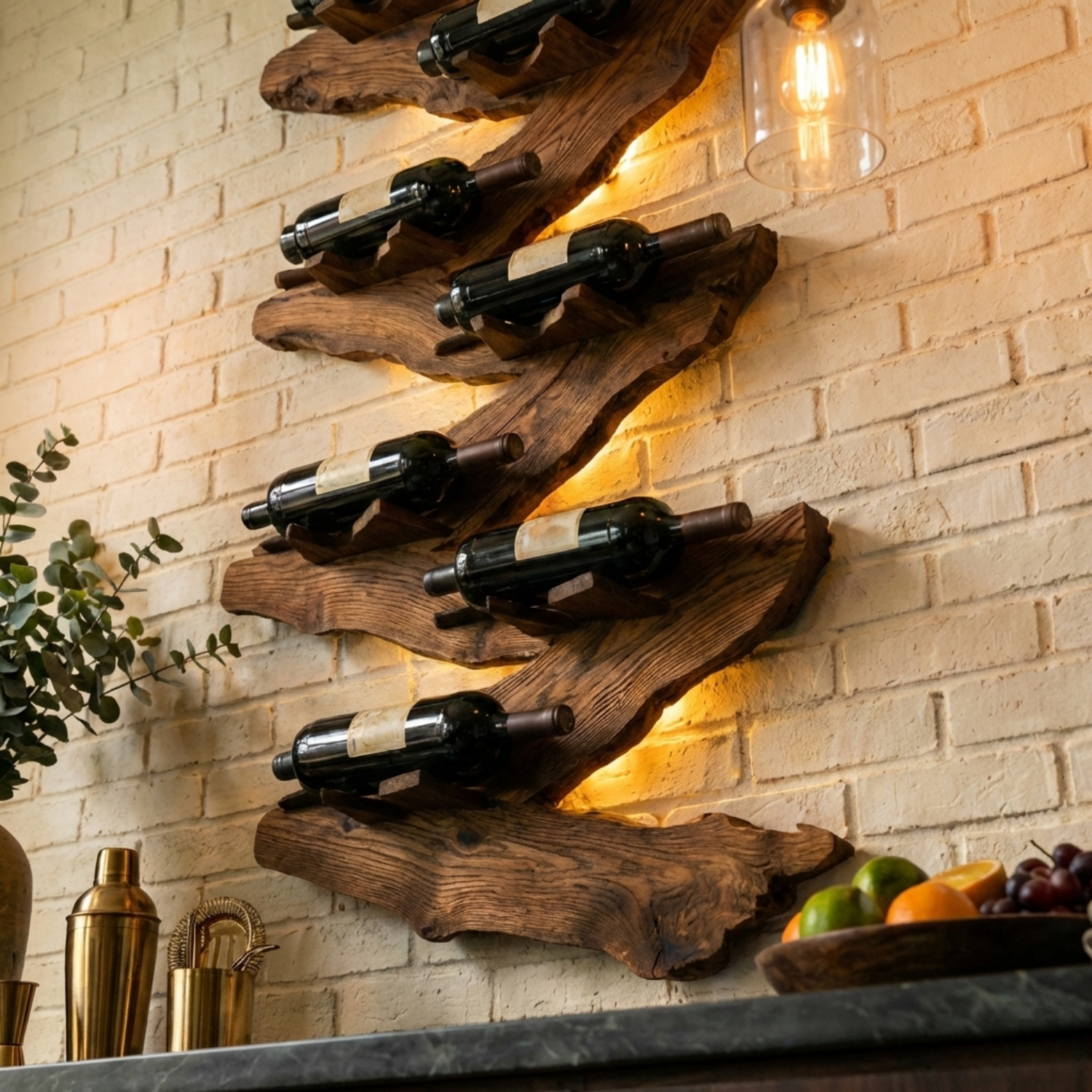 Live Edge Wooden Wine Holder – Sculptural Wall Mounted Wine Rack