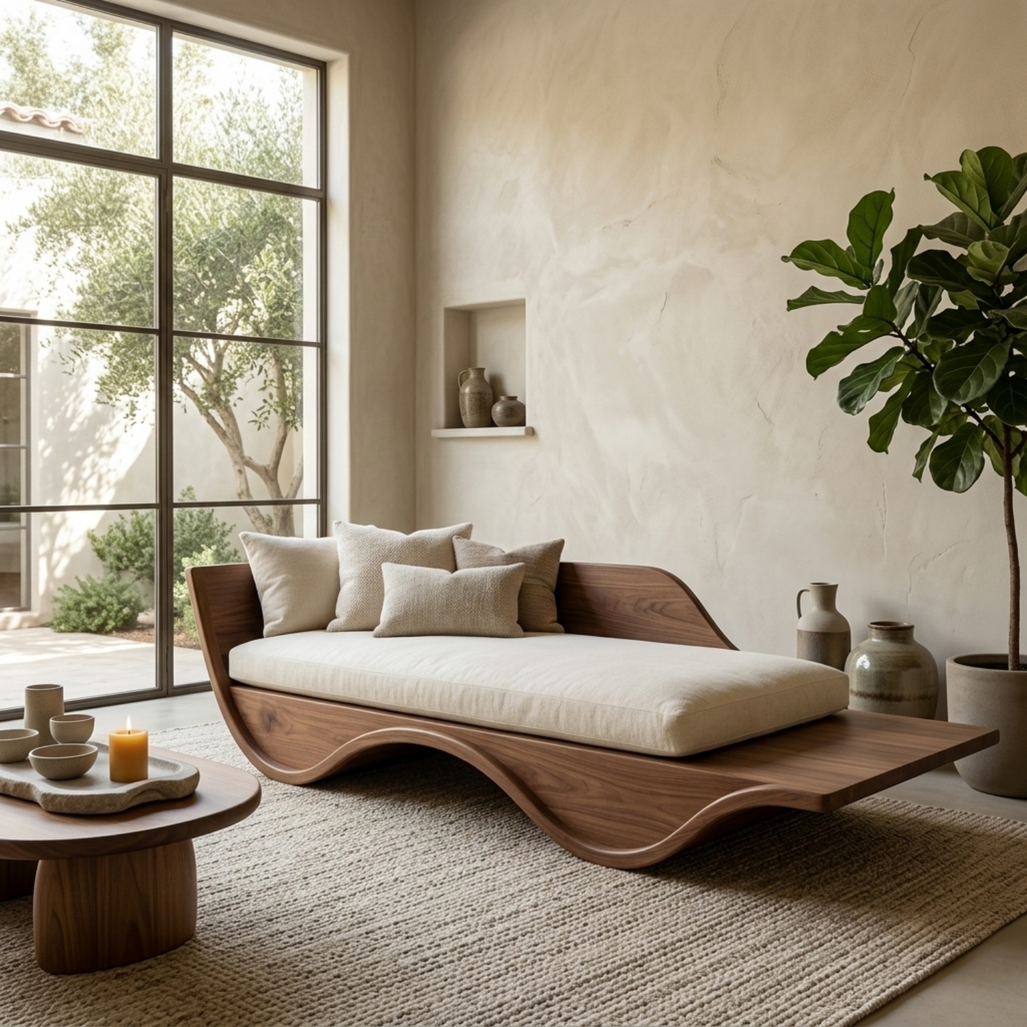 Solid Wood Curved Daybed Frame – Modern Minimalist Wave Design Lounge Bed