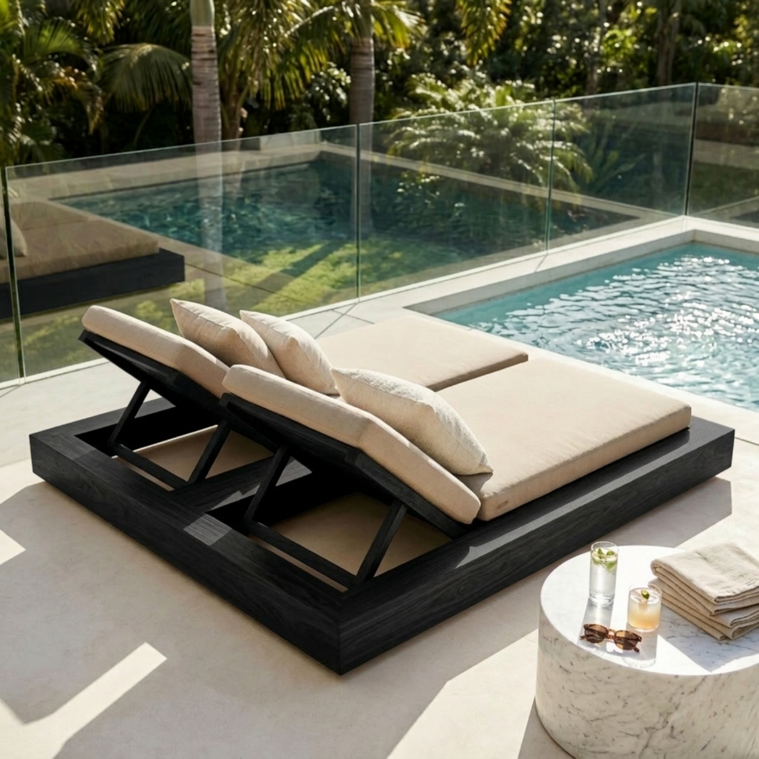 Solid Wood Double Chaise Lounge with Adjustable Backrest for Poolside Relaxation