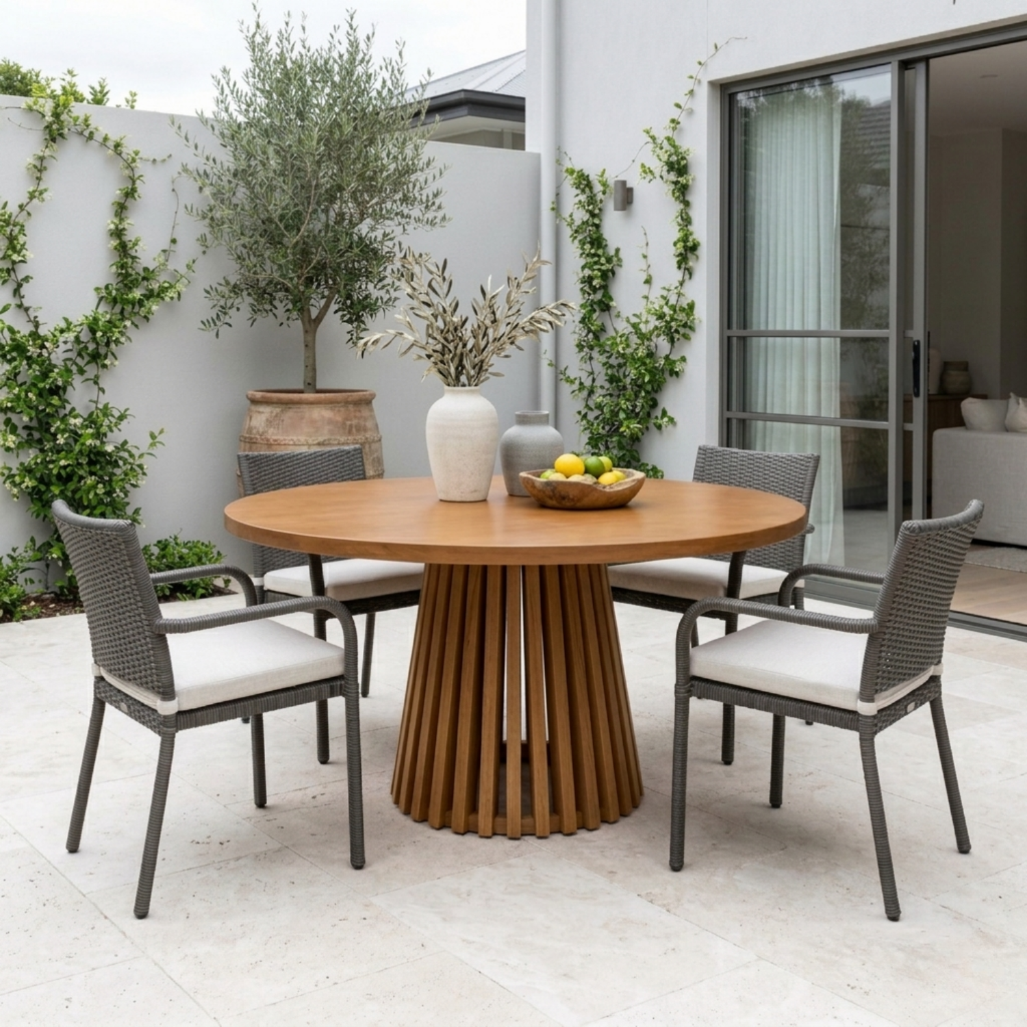 Round Solid Wood Outdoor Dining Table with Slatted Pedestal Base