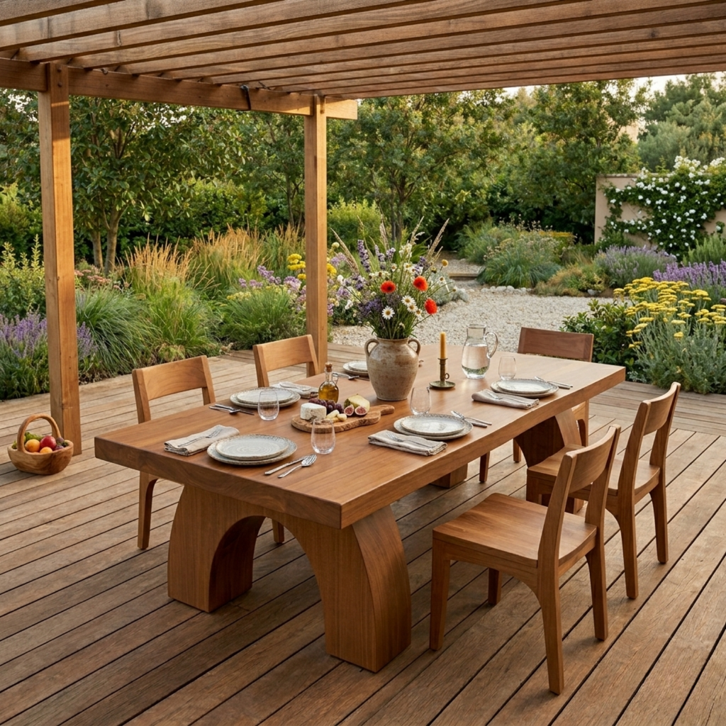 Solid Wood Outdoor Dining Table Rectangular Top with Arched Base Patio Garden Table