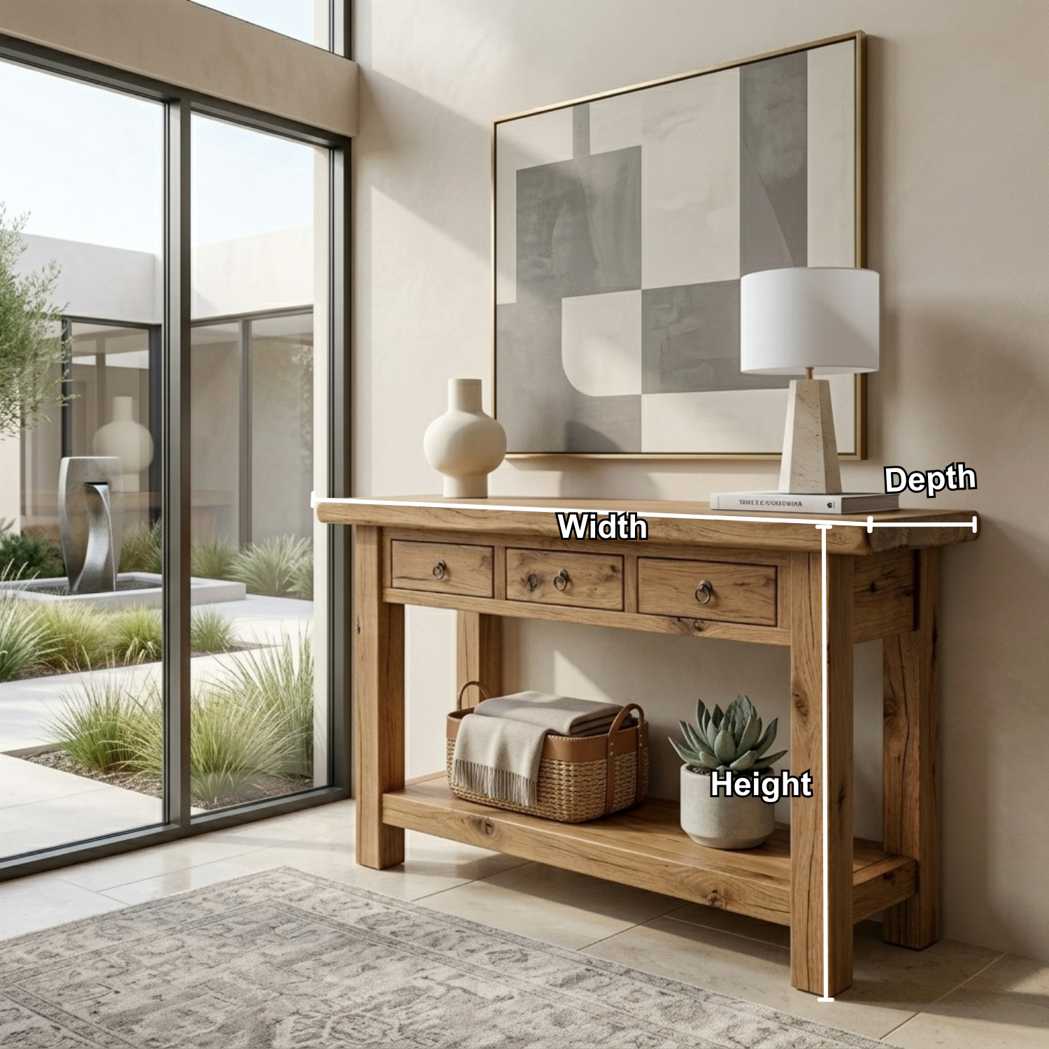 Solid Wood Console Table with Drawers and Shelf – Rustic Farmhouse Entryway Table