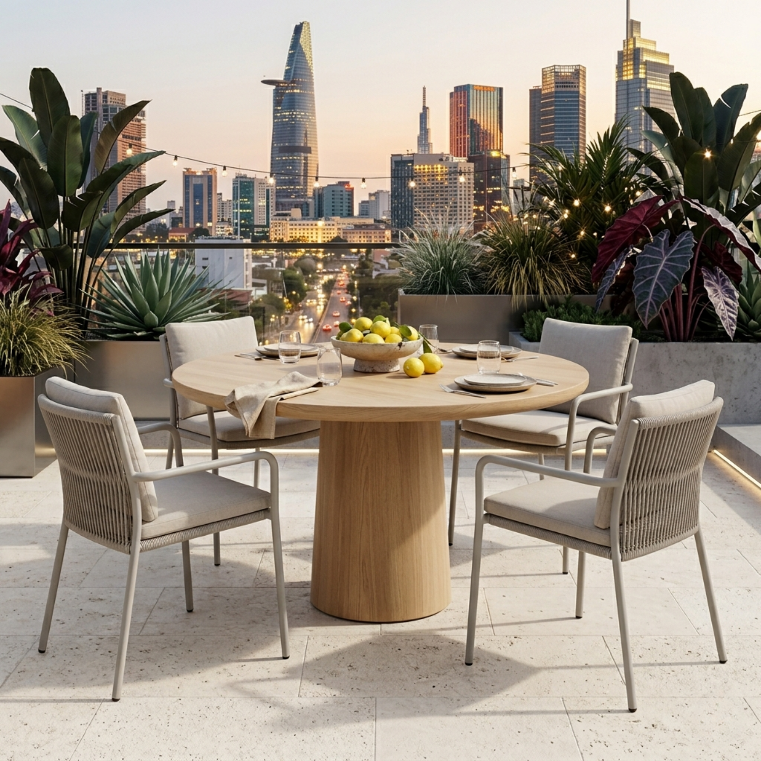 Round Solid Wood Outdoor Dining Table with Minimalist Cylinder Pedestal Base