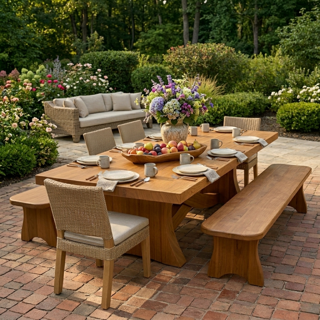 Solid Wood Outdoor Dining Table Rectangular Top with Sculptural Curved Cross Base