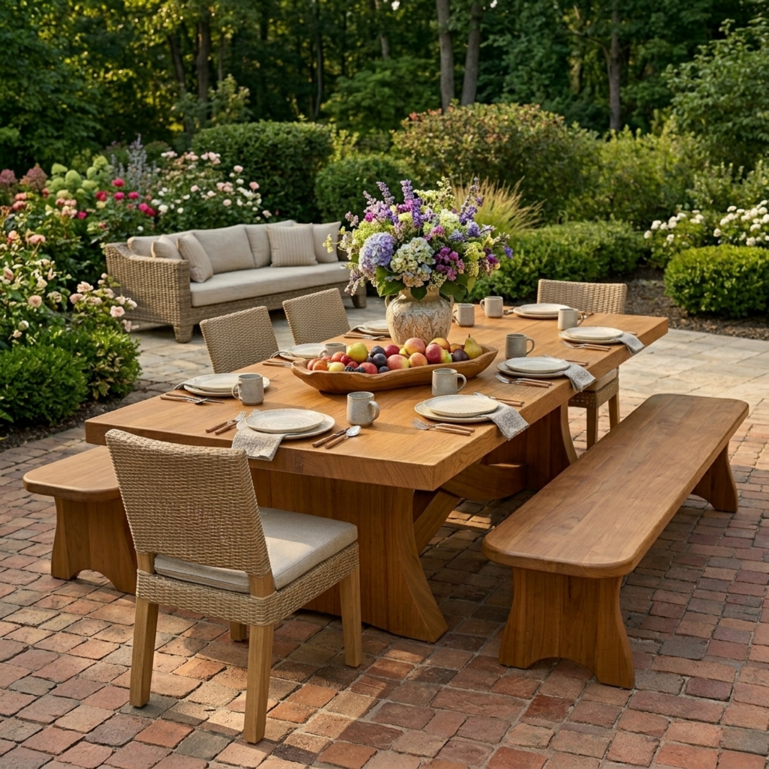 Solid Wood Outdoor Dining Table Rectangular Top with Sculptural Curved Cross Base