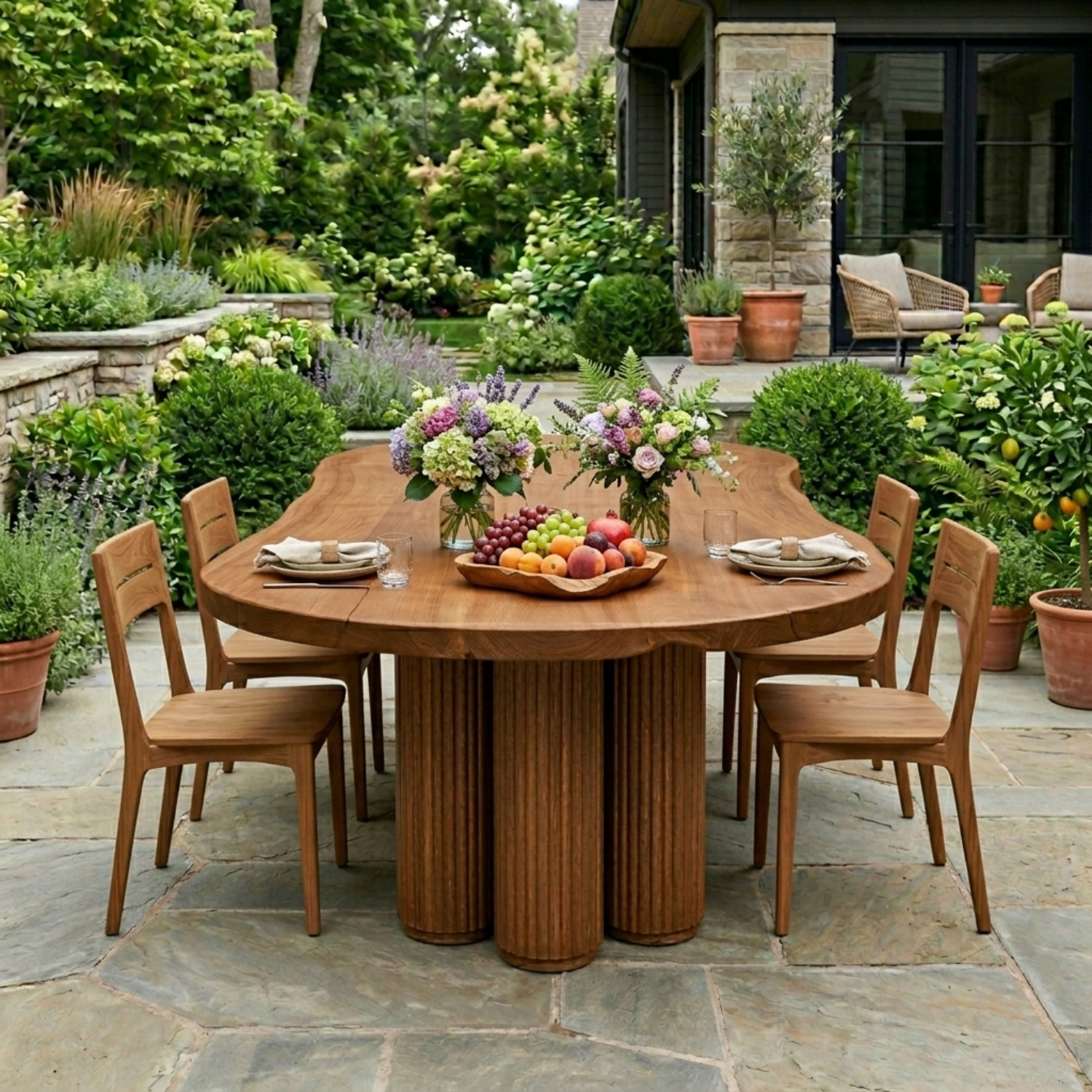 Solid Wood Outdoor Dining Table with Organic Live Edge Top & Fluted Pedestal Base