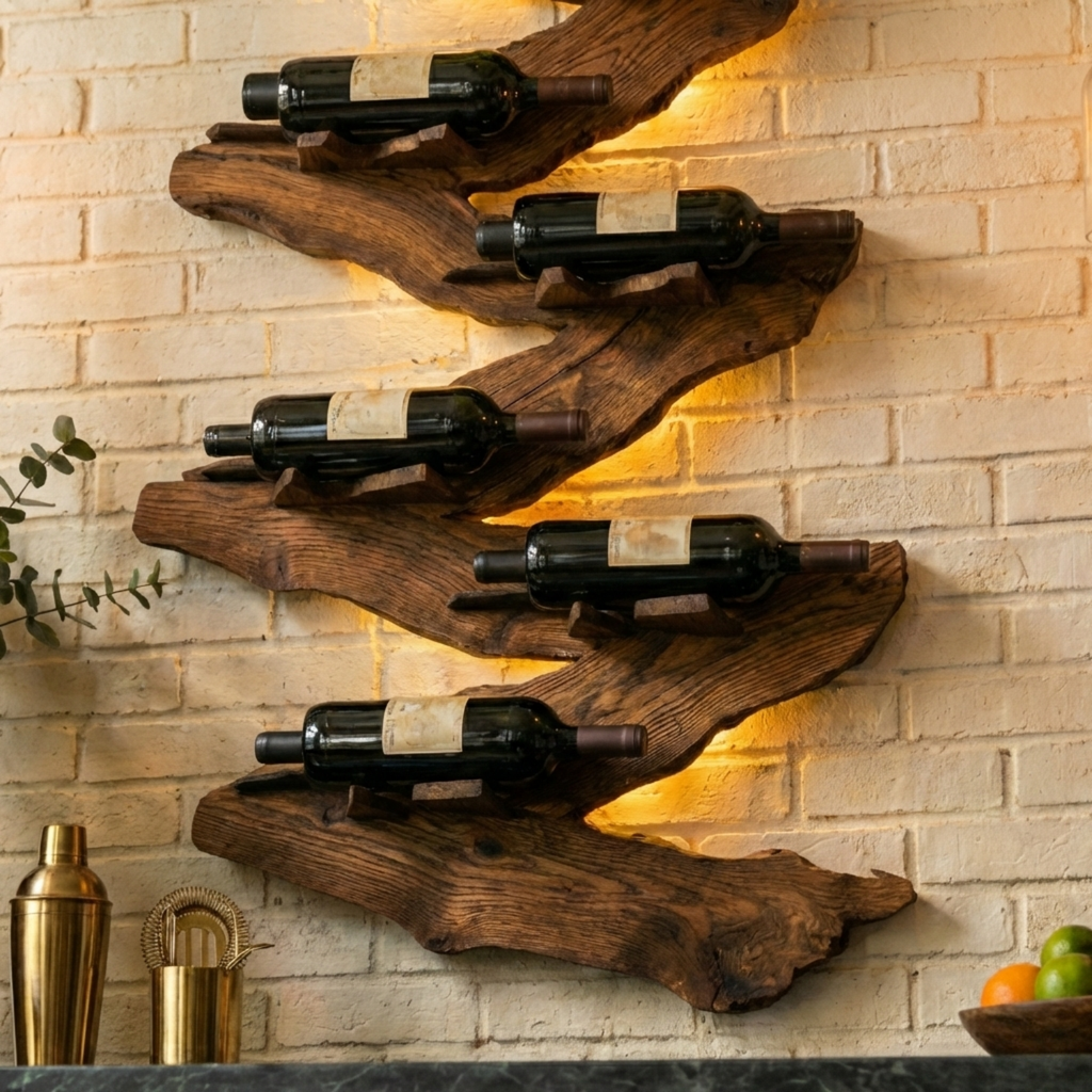Live Edge Wooden Wine Holder – Sculptural Wall Mounted Wine Rack