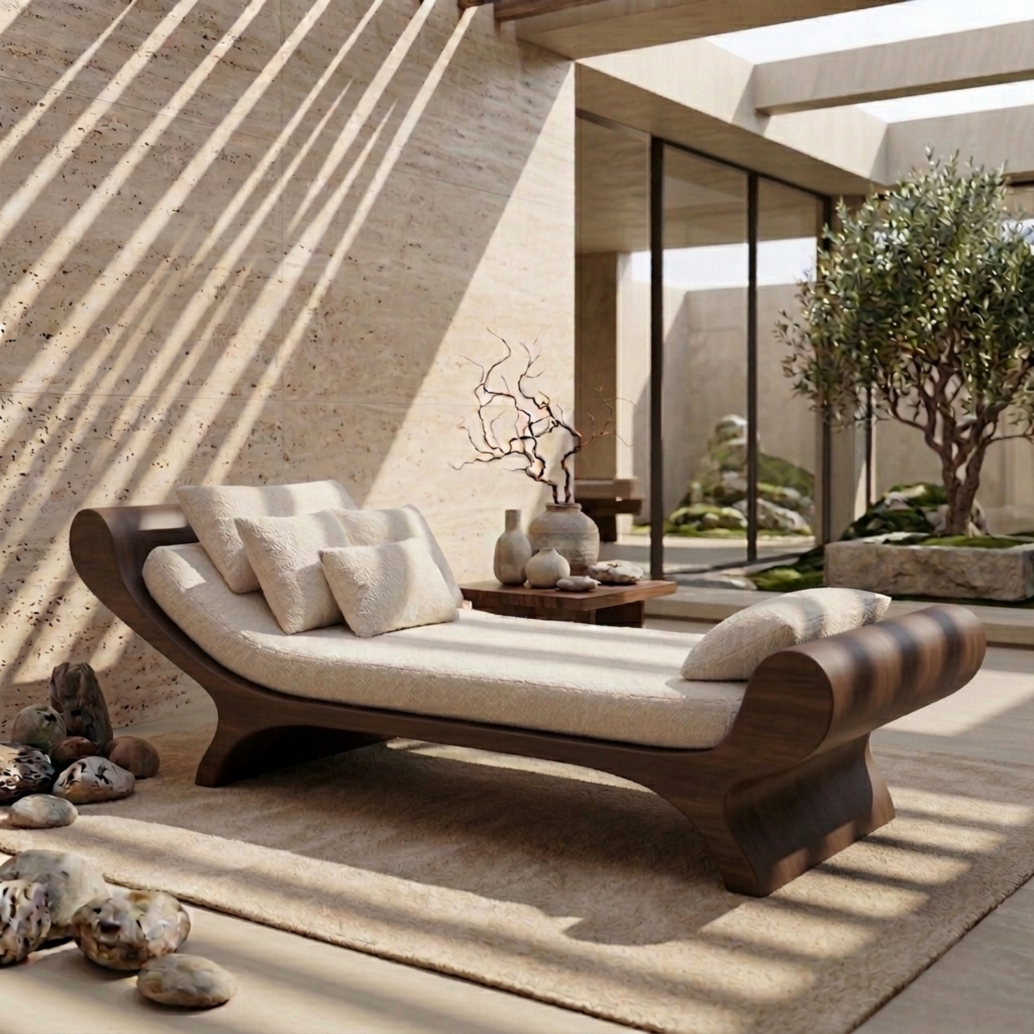 Solid Wood Daybed Frame with Sculptural Curved Design – Modern Minimalist Lounge Bed