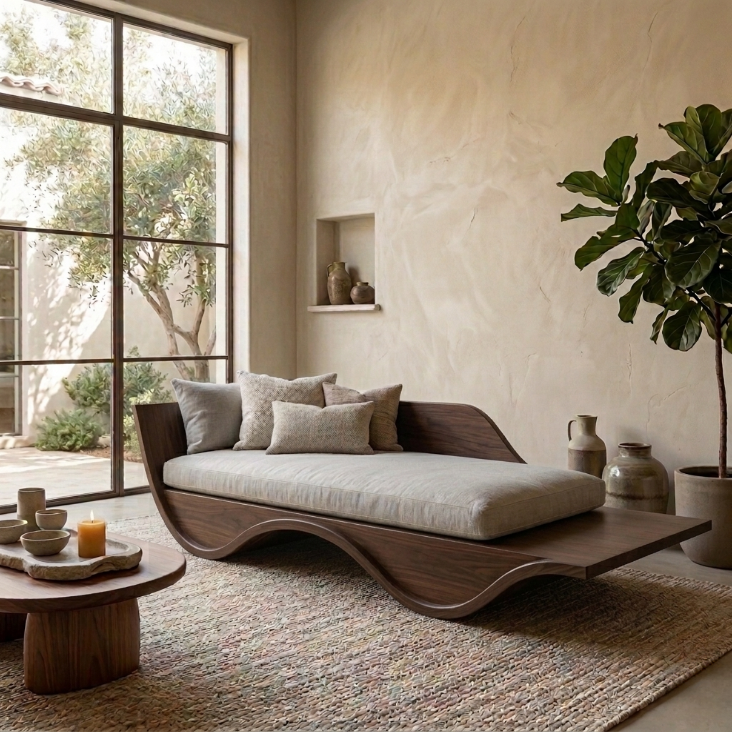 Solid Wood Curved Daybed Frame – Modern Minimalist Wave Design Lounge Bed