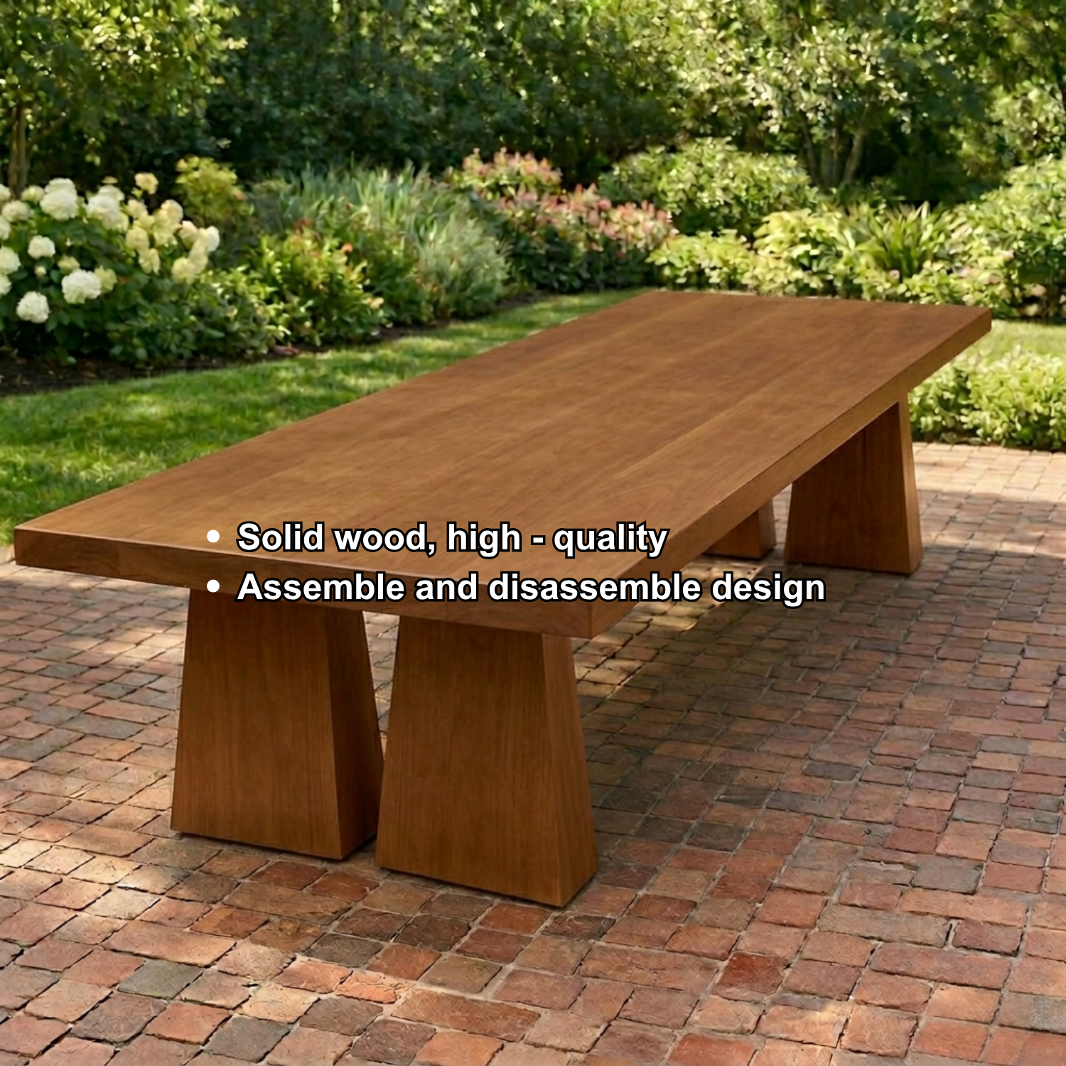 Solid Wood Outdoor Dining Table Rectangular Top with Dual Pedestal Block Base