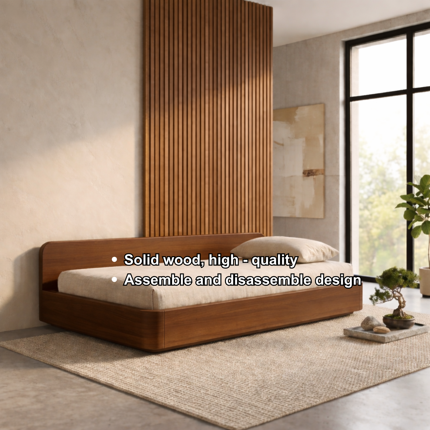 Solid Wood Daybed Frame with Backrest – Modern Minimalist Platform Lounge Bed