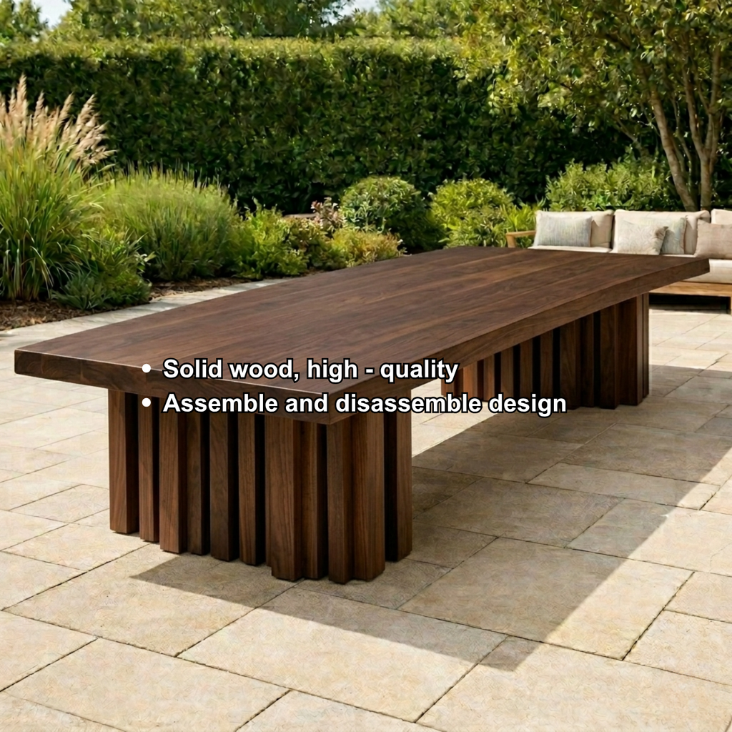Solid Wood Outdoor Dining Table Rectangular Top with Fluted Pedestal Base