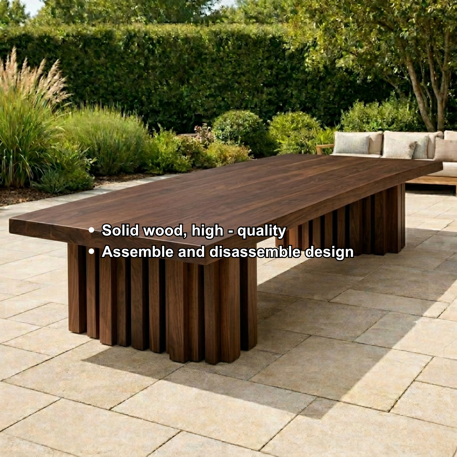 Solid Wood Outdoor Dining Table Rectangular Top with Fluted Pedestal Base