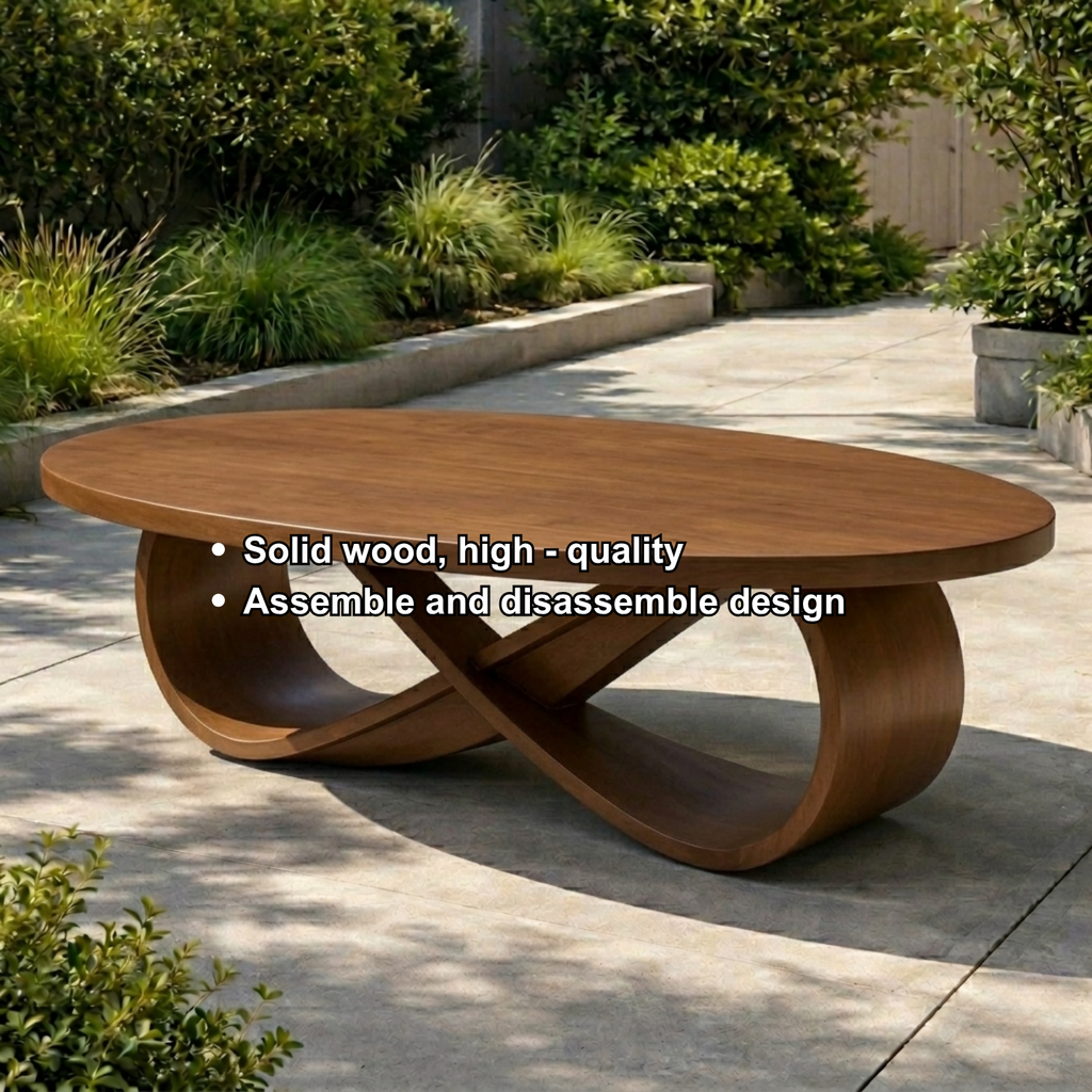 Solid Wood Outdoor Dining Table Oval Top with Sculptural Curved Loop Base