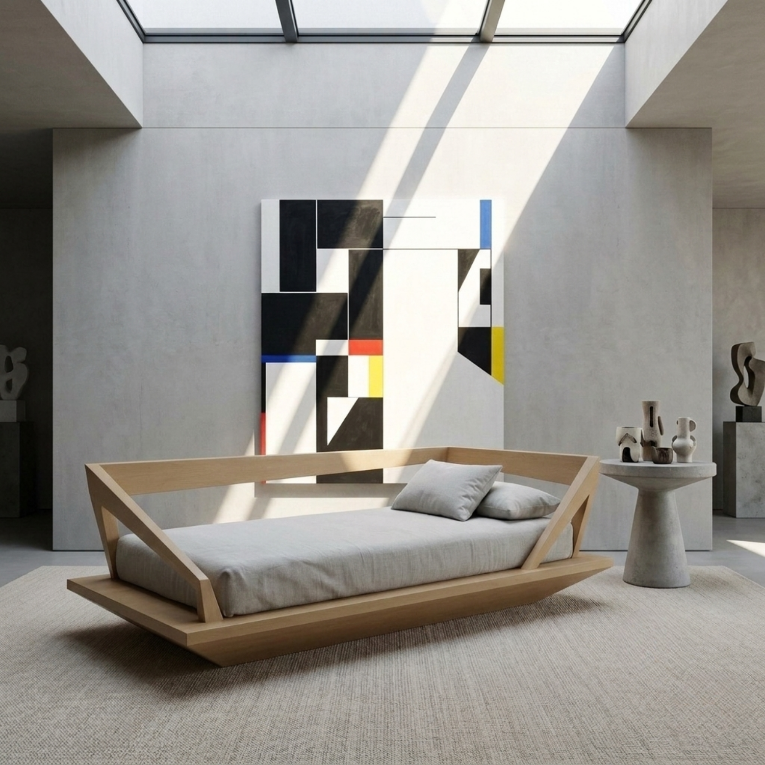 Solid Wood Daybed Frame with Geometric Side Rails – Modern Minimalist Lounge Bed