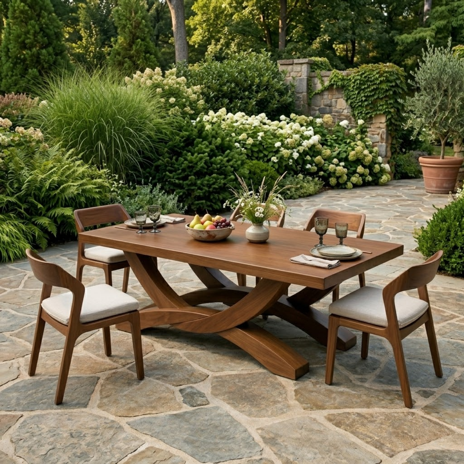 Solid Wood Outdoor Dining Table Rectangular Top with Sculptural Cross Base