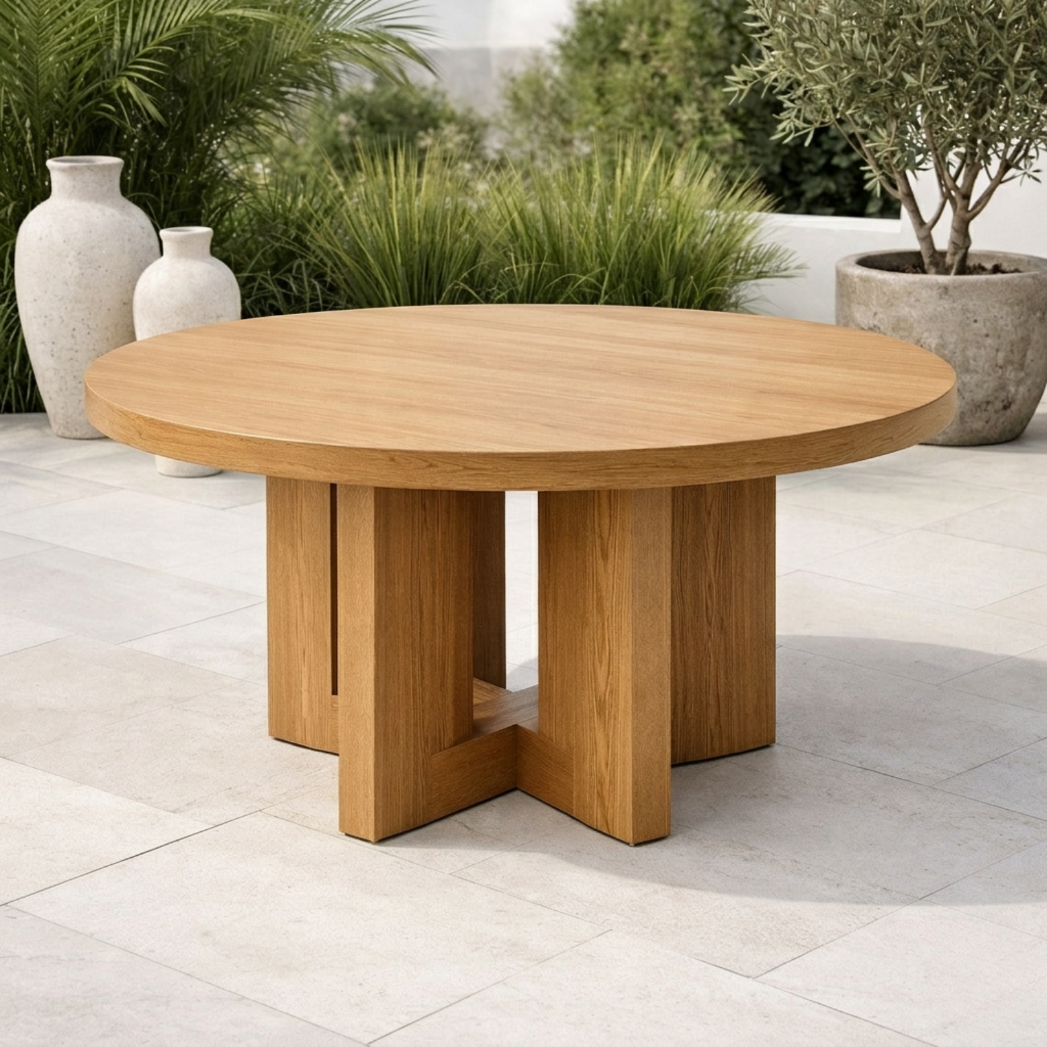 Round Solid Wood Outdoor Dining Table with Architectural Pedestal Base