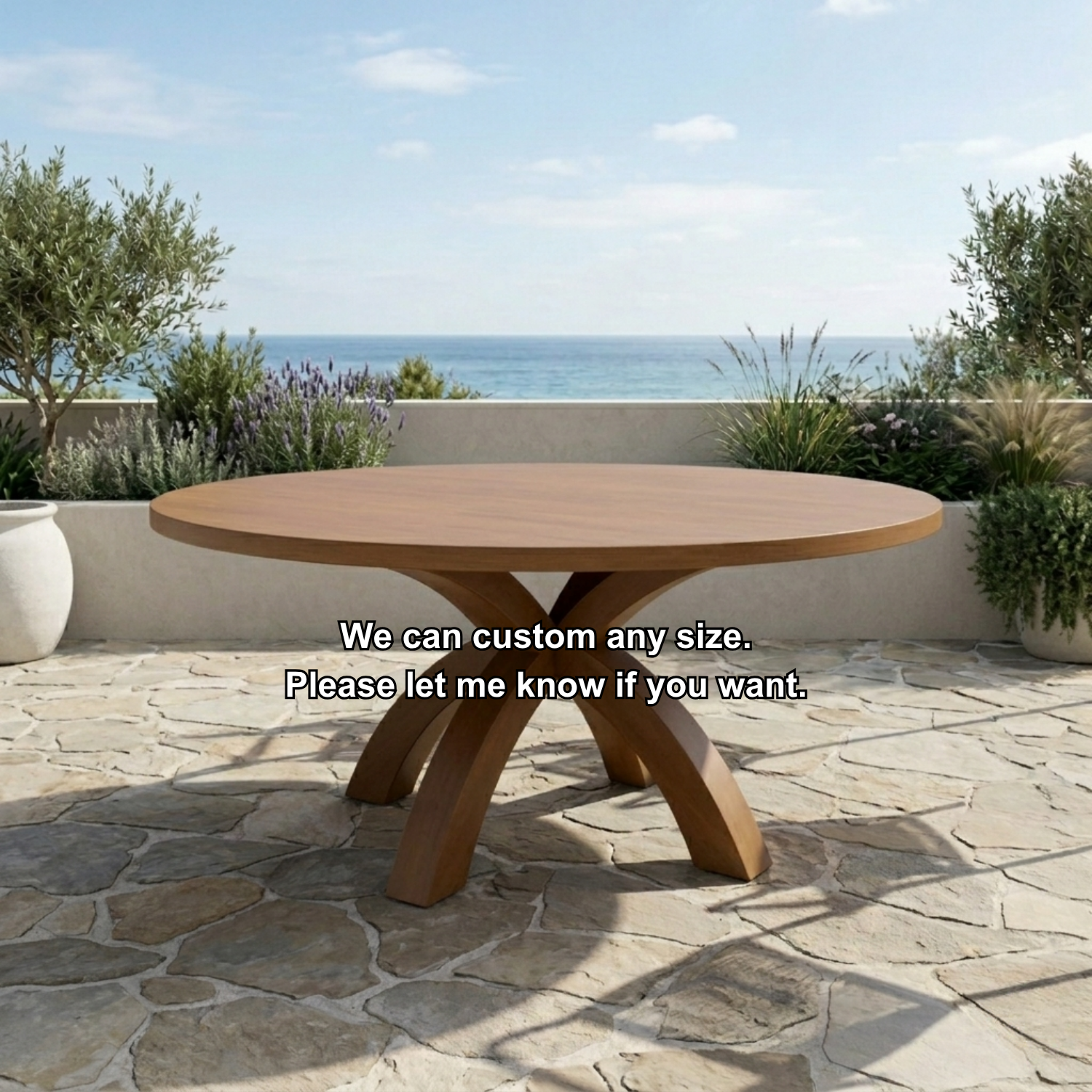Round Solid Wood Outdoor Dining Table with Curved X Pedestal Base
