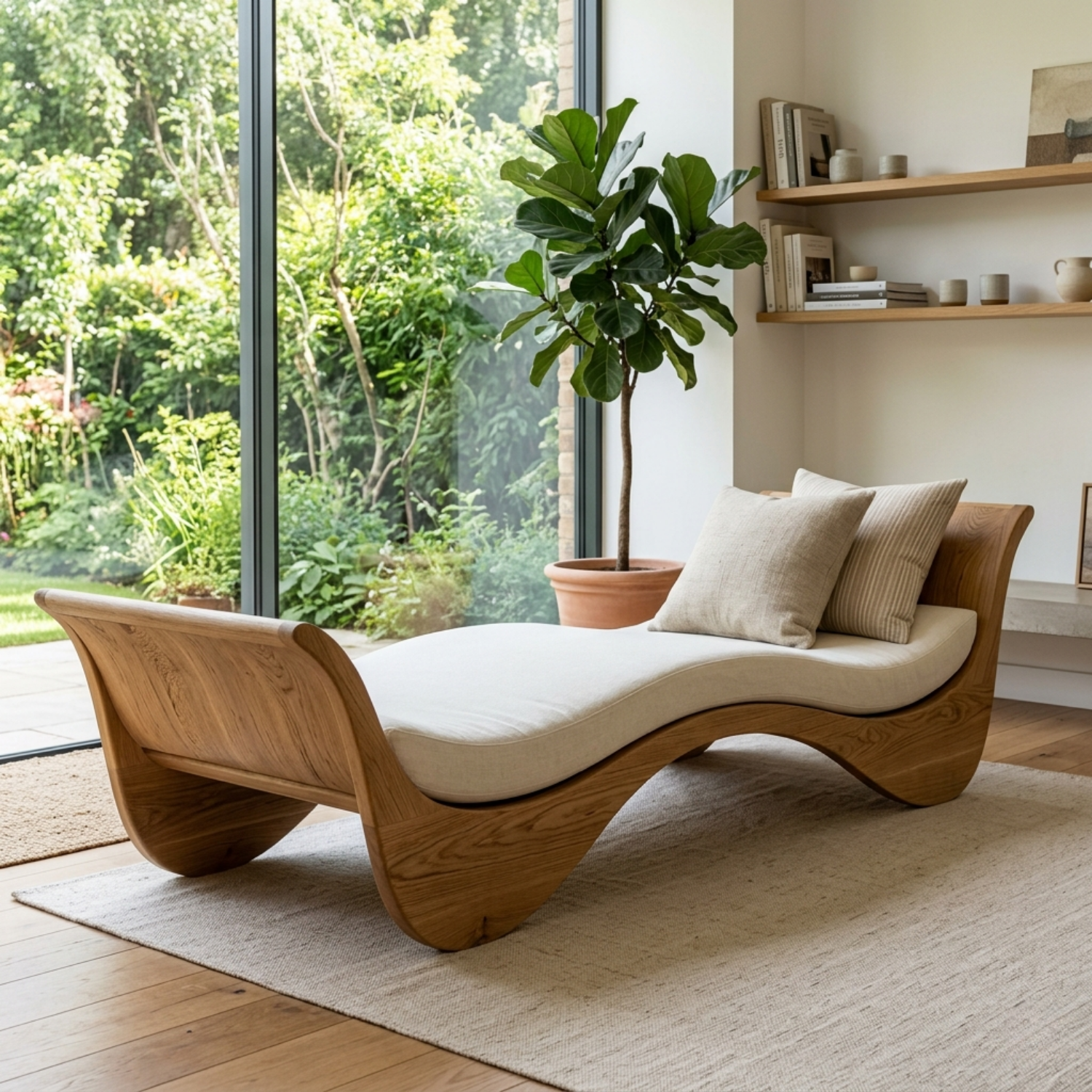 Sculptural Solid Wood Daybed with Curved Frame – Modern Lounge Chaise Daybed