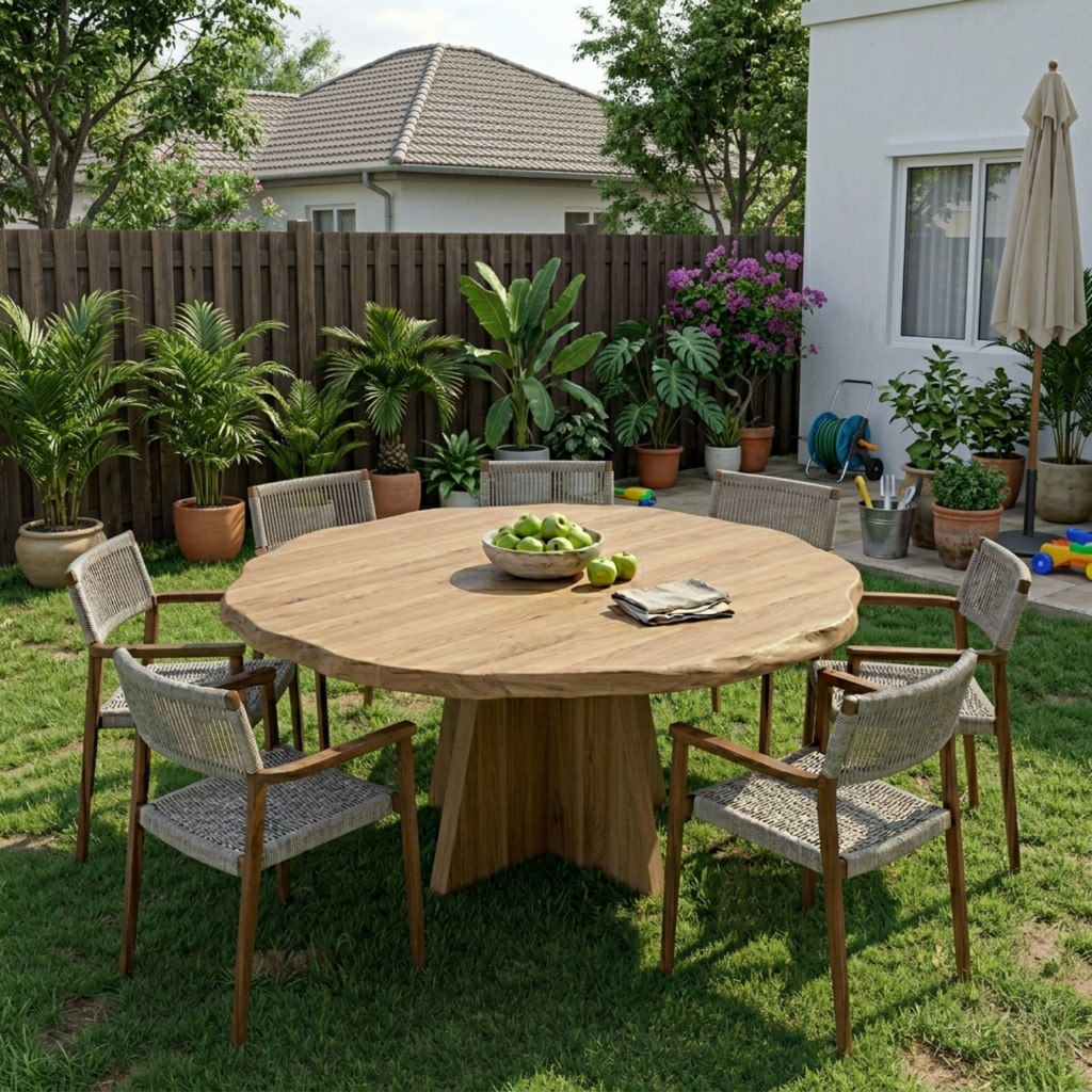 Round Live Edge Solid Wood Outdoor Dining Table with Sculptural Cross Pedestal Base