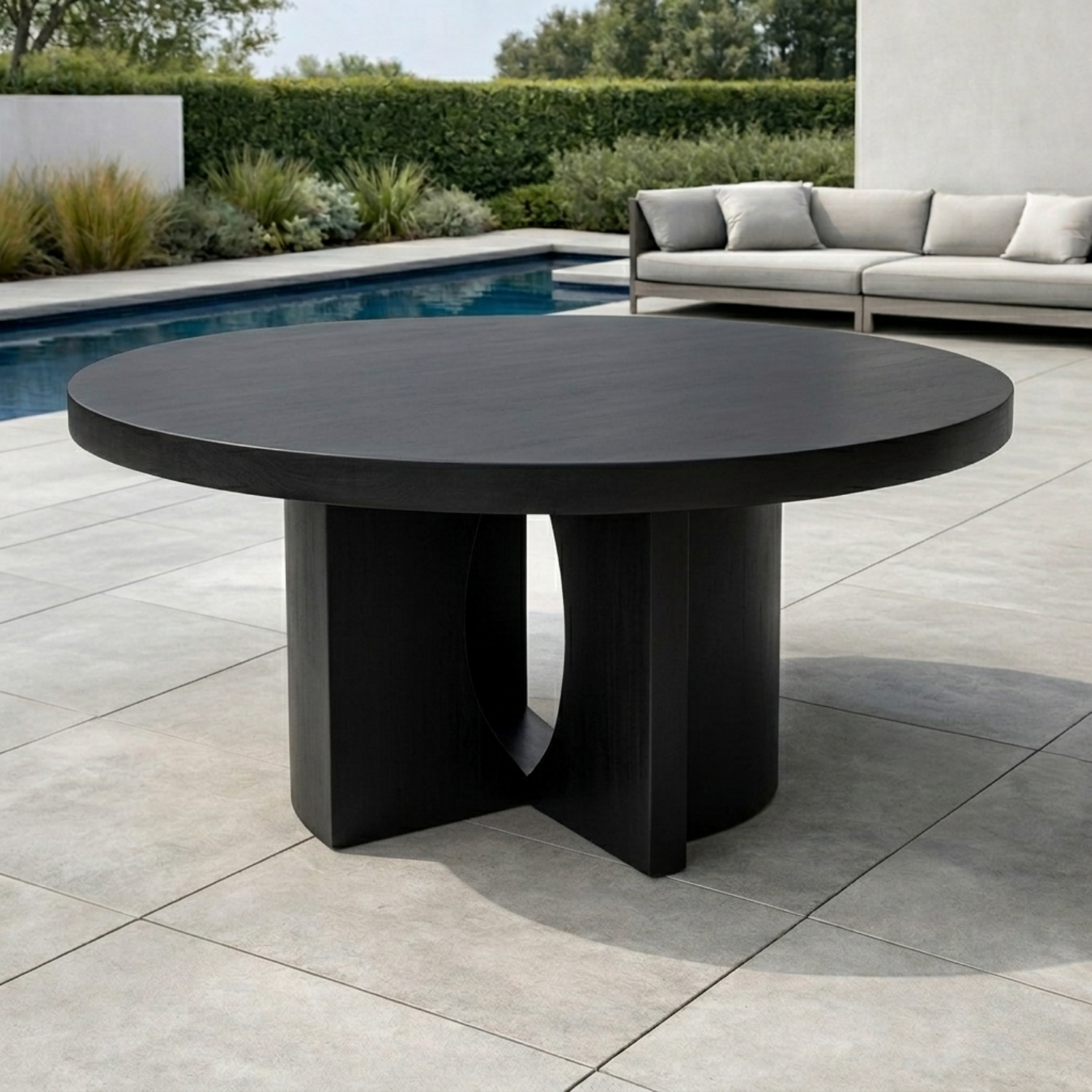 Round Solid Wood Outdoor Dining Table with Sculptural Dual Pedestal Base