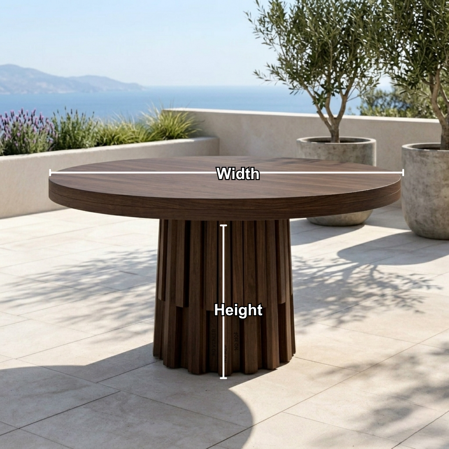 Round Solid Wood Outdoor Dining Table with Fluted Sculptural Pedestal Base