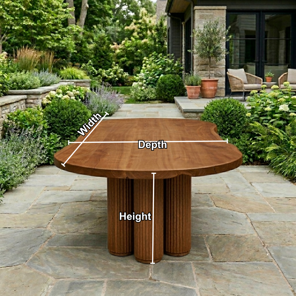 Solid Wood Outdoor Dining Table with Organic Live Edge Top & Fluted Pedestal Base