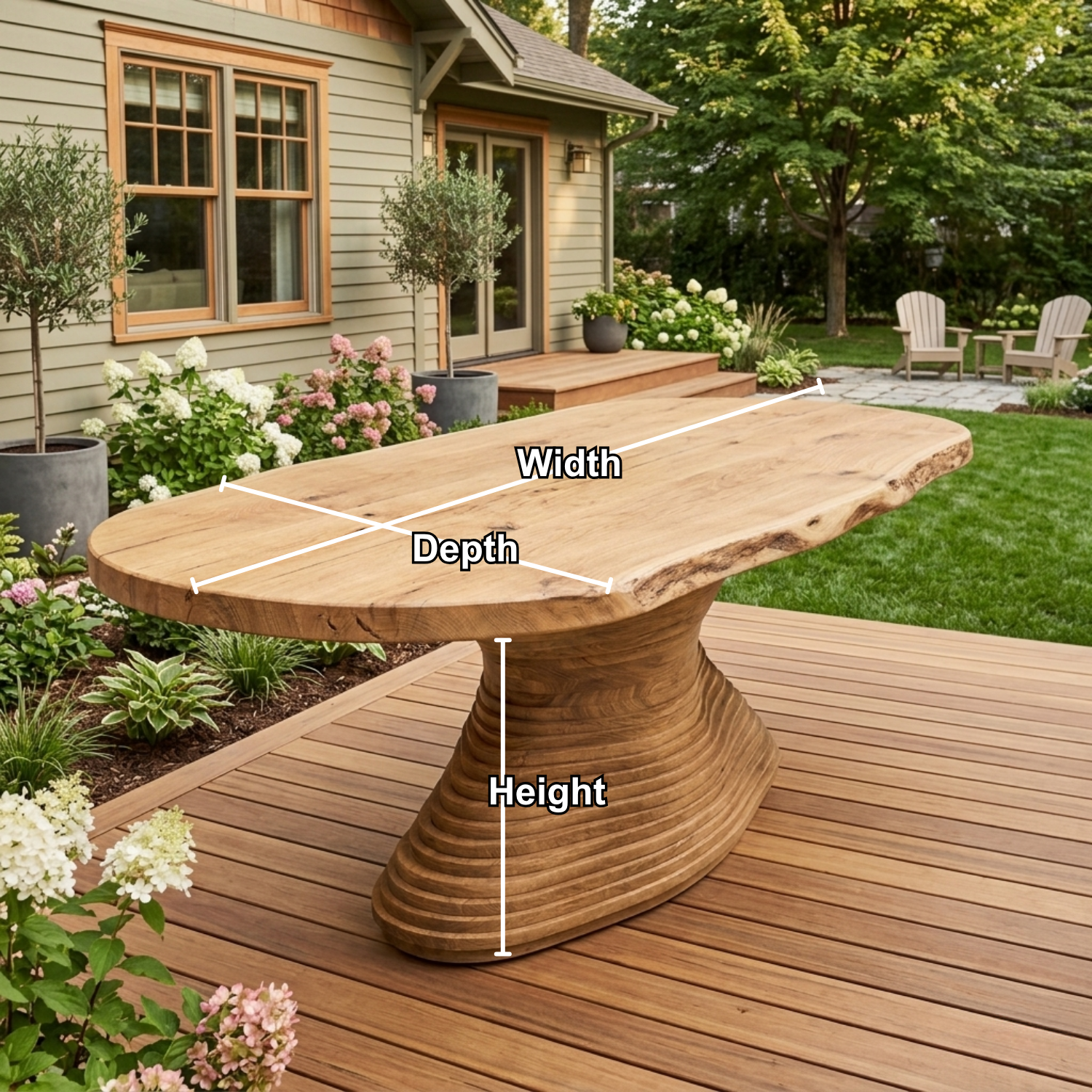Live Edge Solid Wood Outdoor Dining Table with Sculptural Spiral Pedestal Base