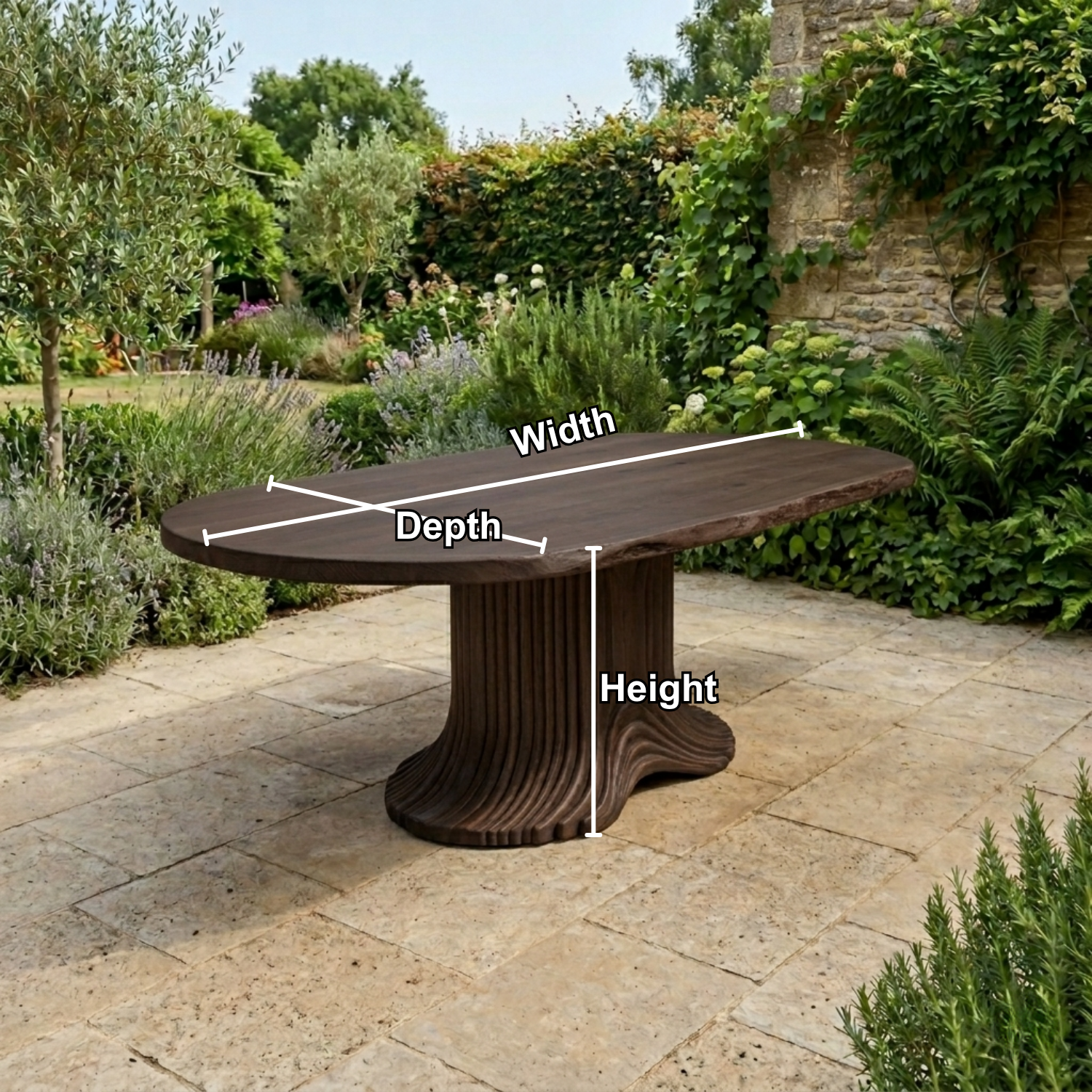 Solid Wood Outdoor Dining Table Oval Live Edge with Sculptural Fluted Pedestal