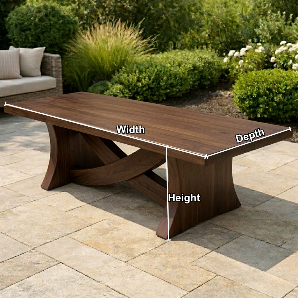 Solid Wood Outdoor Dining Table Rectangular Top with Sculptural Curved Cross Base