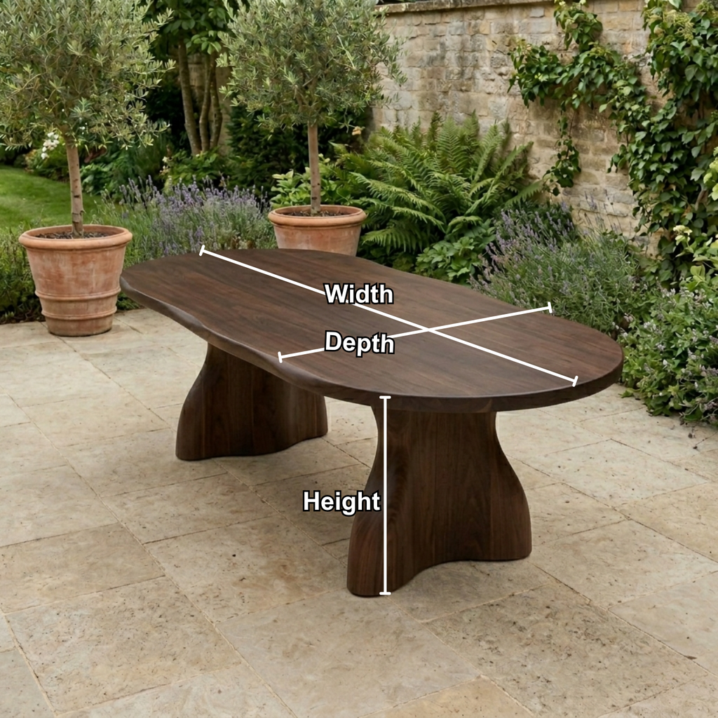 Solid Wood Outdoor Dining Table Oval Top with Organic Sculptural Pedestal Base