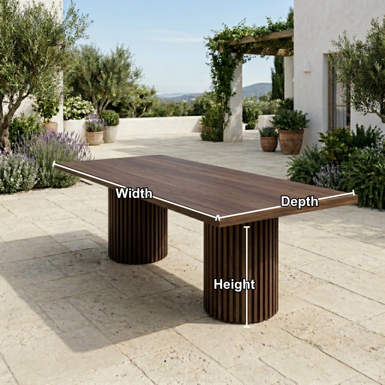 Rectangular Solid Wood Outdoor Dining Table with Fluted Pedestal Base