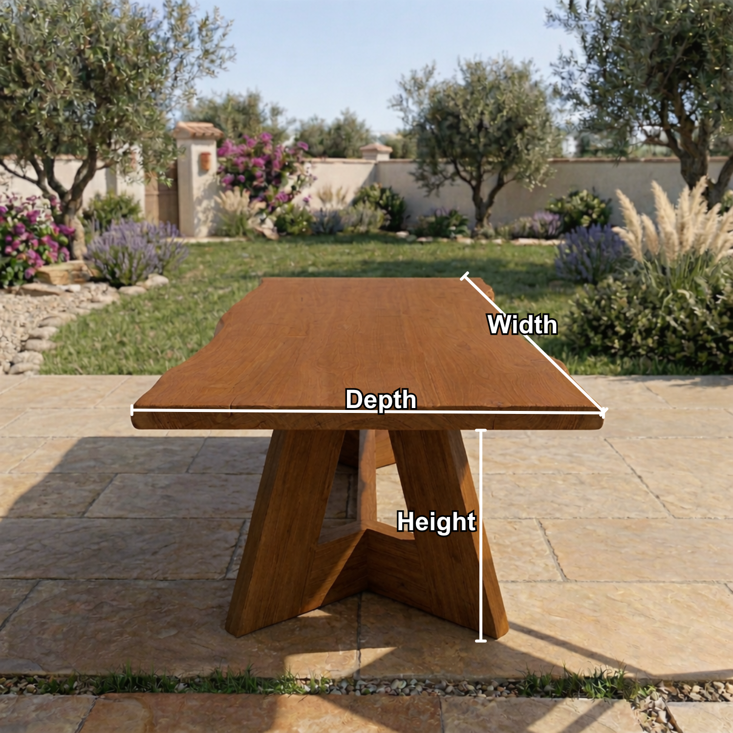 Rectangular Solid Wood Outdoor Dining Table with Geometric Pedestal Base