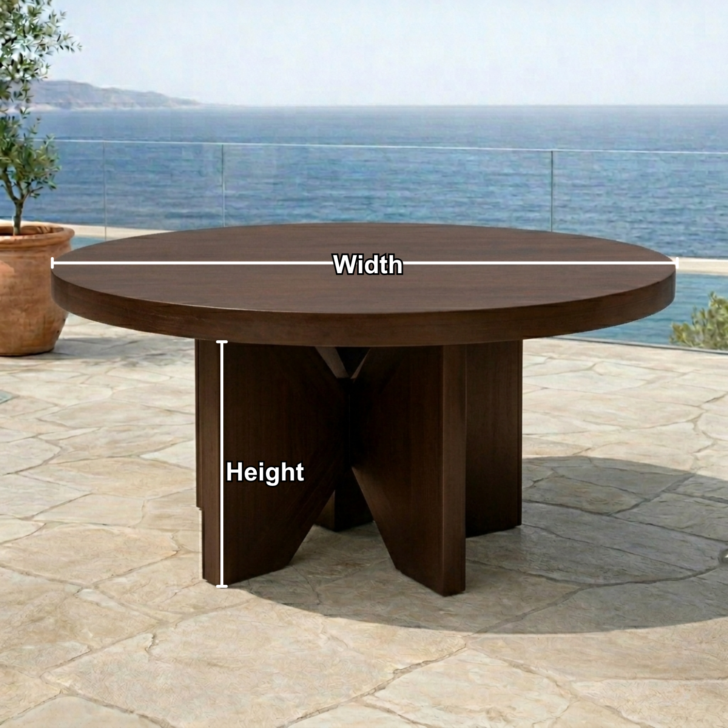 Round Solid Wood Outdoor Dining Table with Bold Cross Pedestal Base