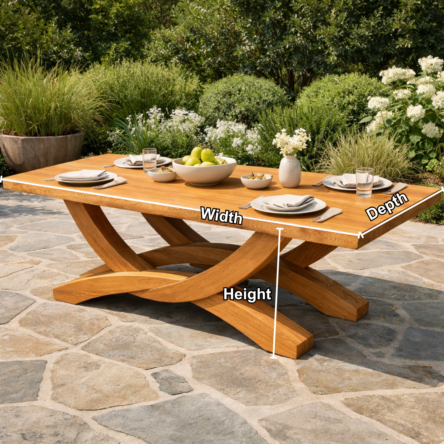 Solid Wood Outdoor Dining Table Rectangular Top with Sculptural Cross Base