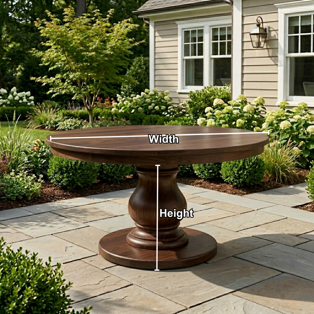 Round Solid Wood Outdoor Dining Table with Classic Turned Pedestal Base