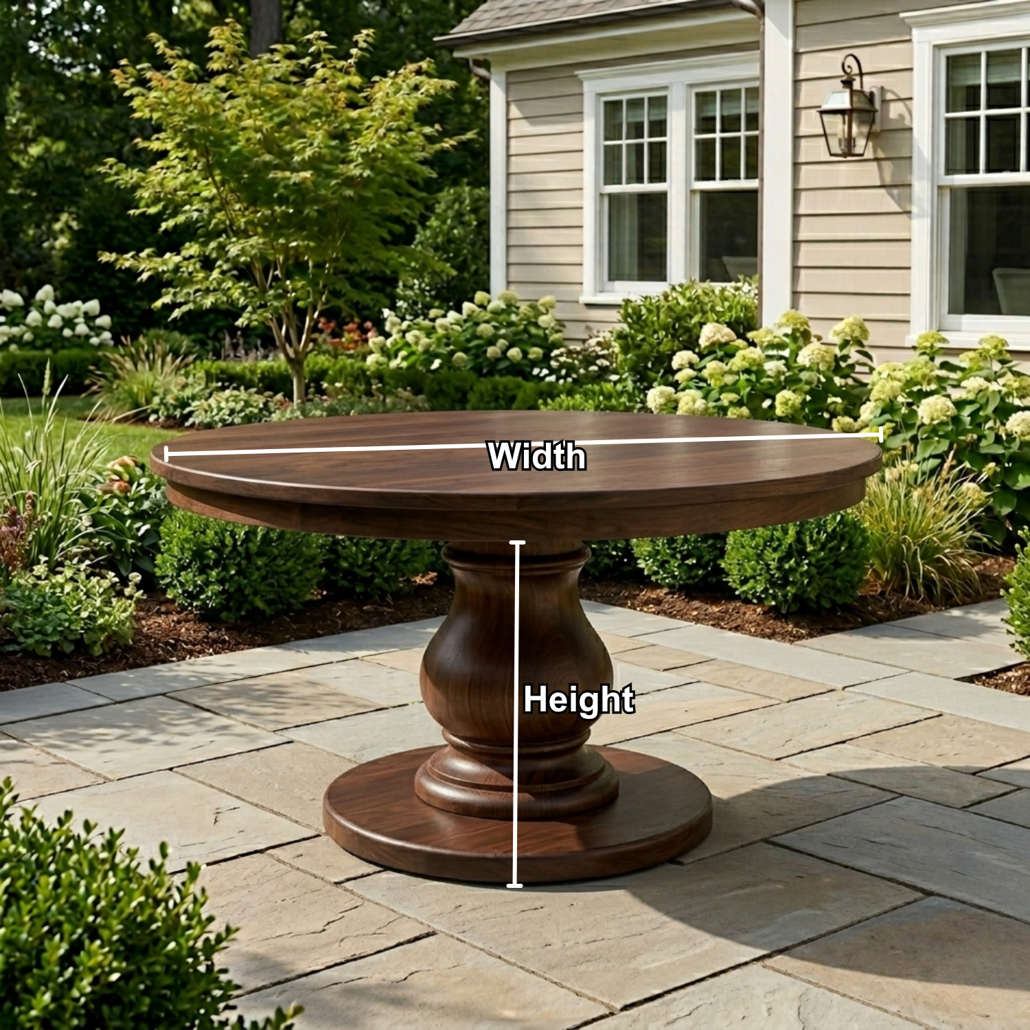Round Solid Wood Outdoor Dining Table with Classic Turned Pedestal Base