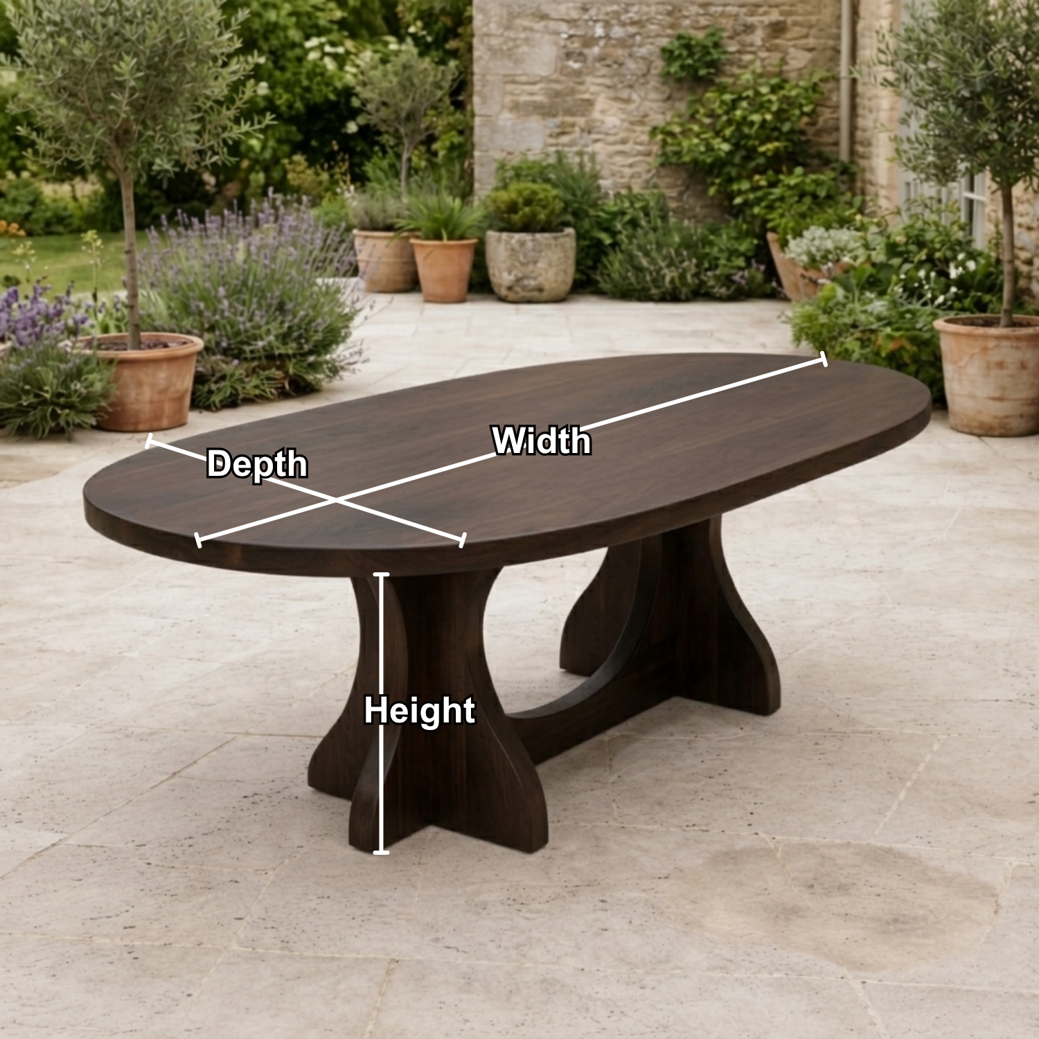 Oval Solid Wood Outdoor Dining Table with Curved Double Pedestal Base